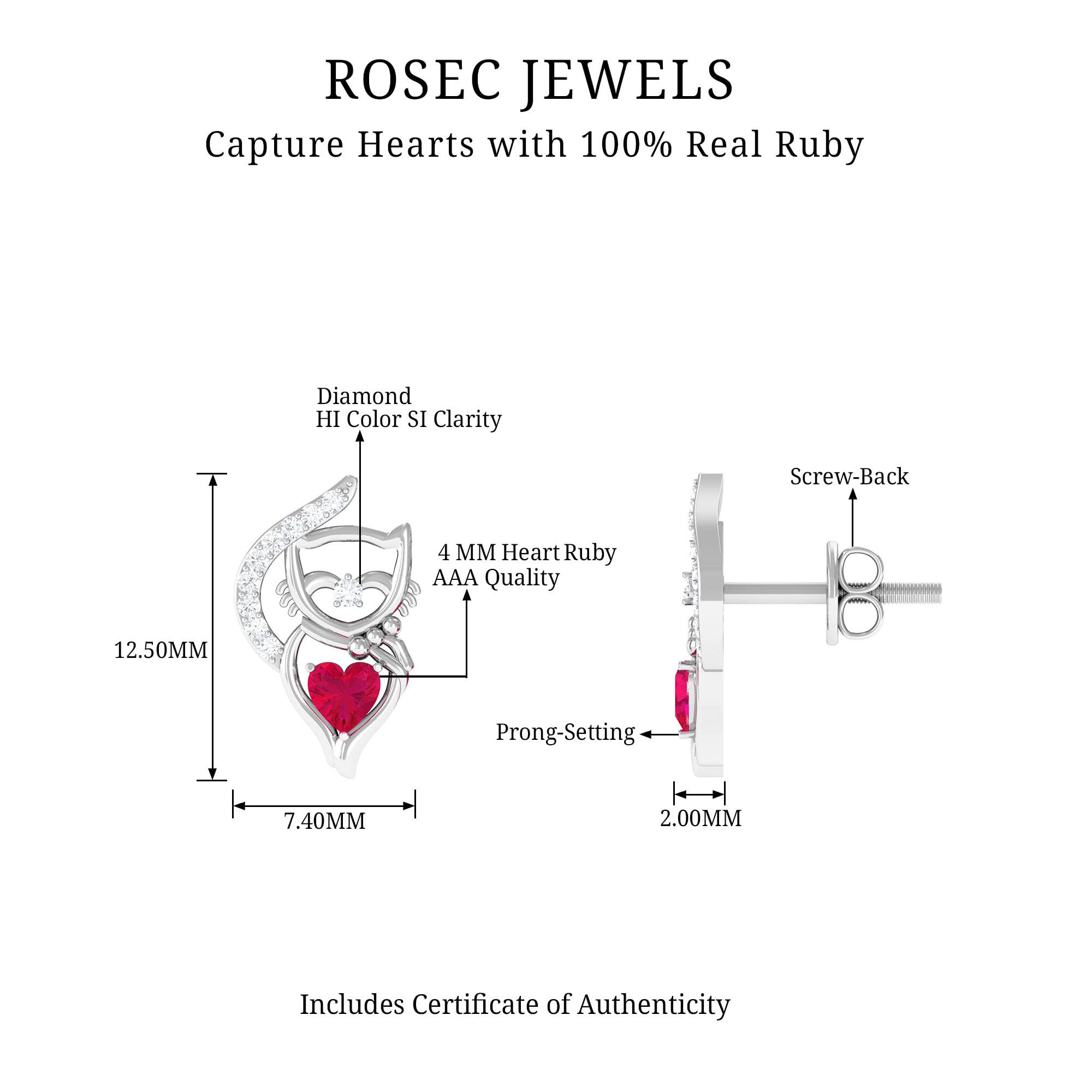 AAA Quality Ruby Cat Stud Earrings - June Birthstone Jewelry for Women | Elegant Gemstone Earrings for Everyday Wear & Special Occasions