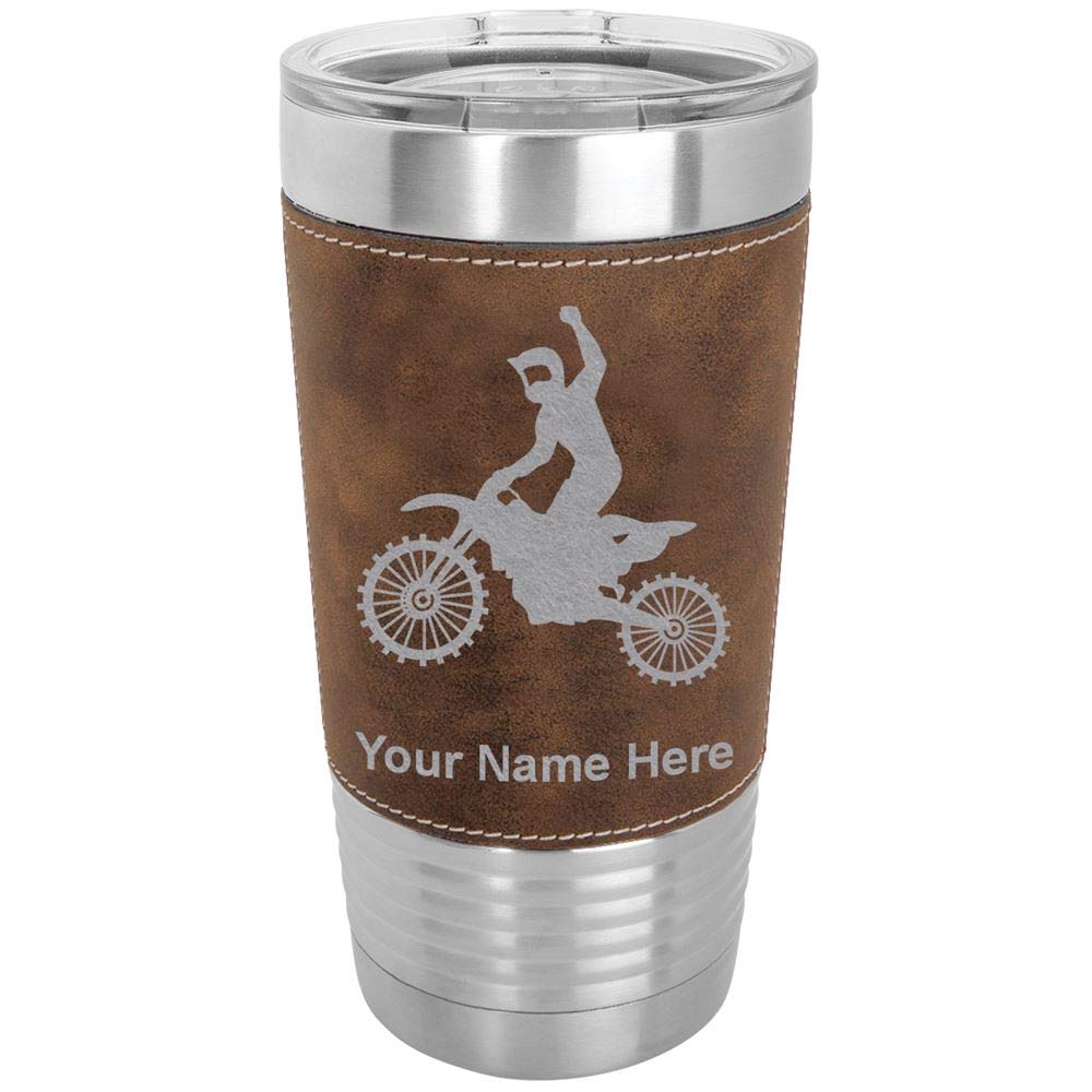 LaserGram 20oz Vacuum Insulated Stainless Steel Tumbler Mug with Personalized Engraving - Motocross Design, Faux Leather & Rustic Finish - Perfect for Coffee, Tea, Cold Drinks at Work, Gym, or Outdoor Adventures