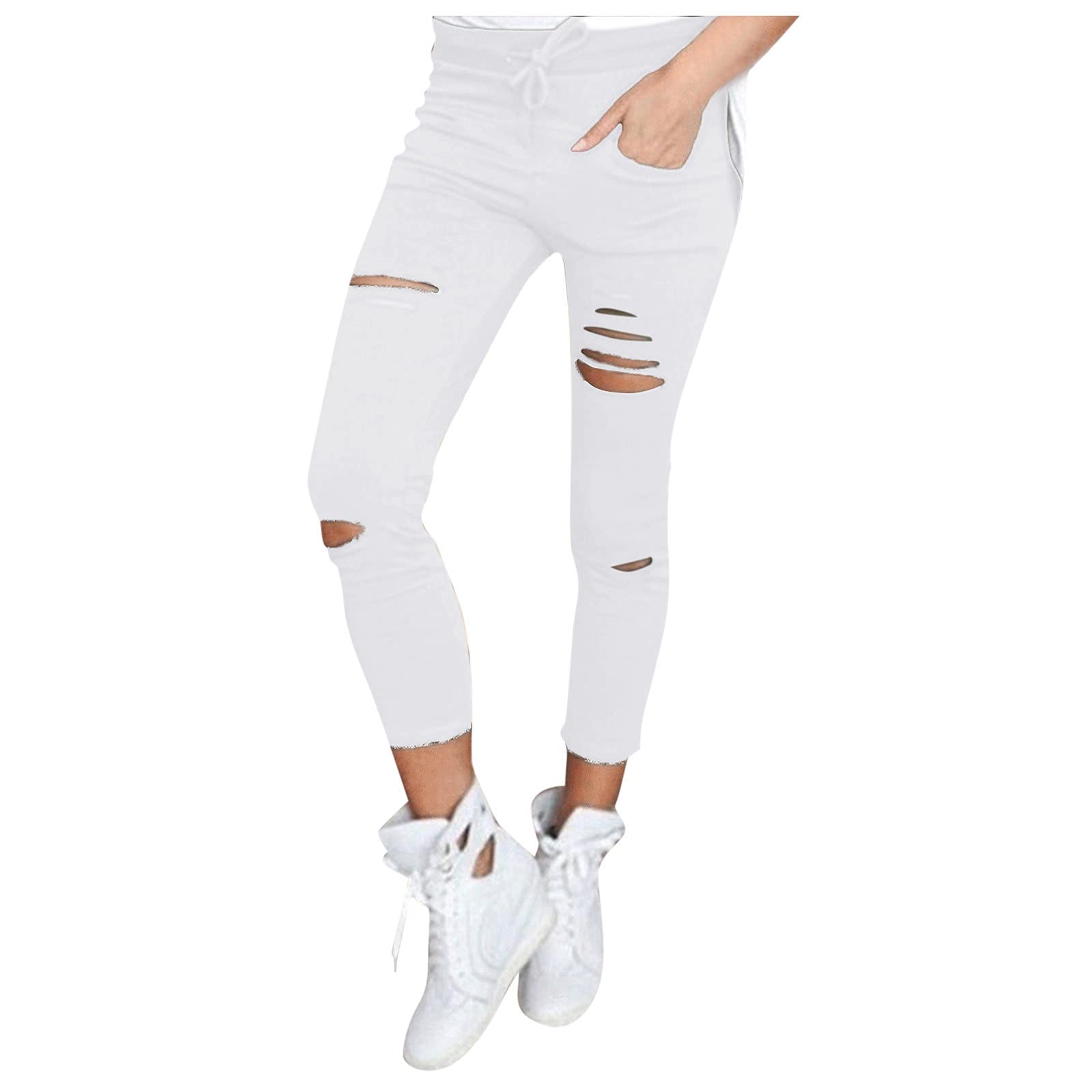 Forwelly Women's Stretch Ankle-Length Pencil Pants with Elastic Drawstring Waist - Ripped Skinny Trousers for Casual Wear, Petite & Tight Fit - Perfect for Office, Travel, and Everyday Outfits