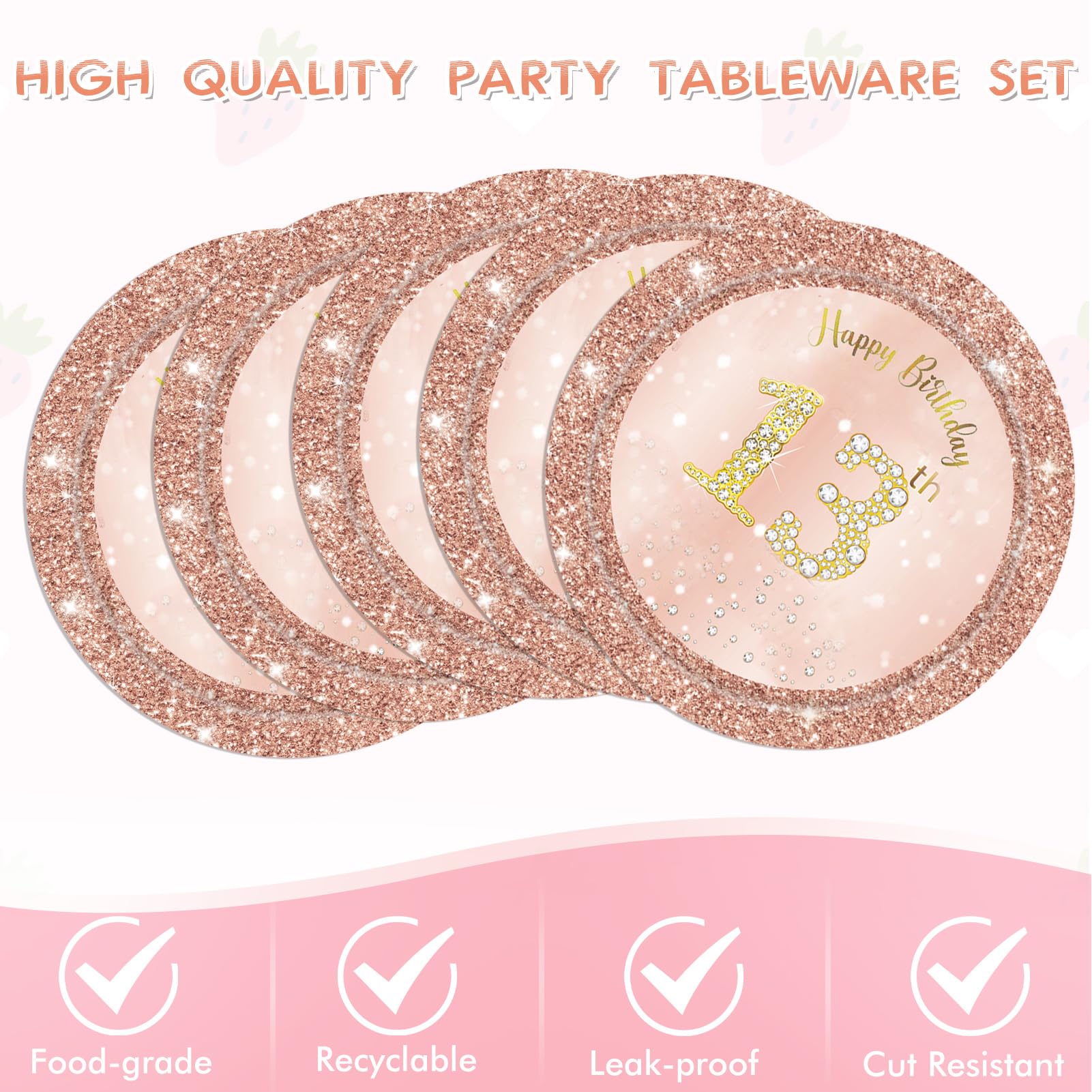 41PCS Rose Gold 13th Birthday Party Decorations Kit for Girls - Includes Happy Birthday Plates, Napkins & Tablecloth - Perfect for Teenager's 13th Birthday Celebration, Sweet 16 Party & Special Occasions
