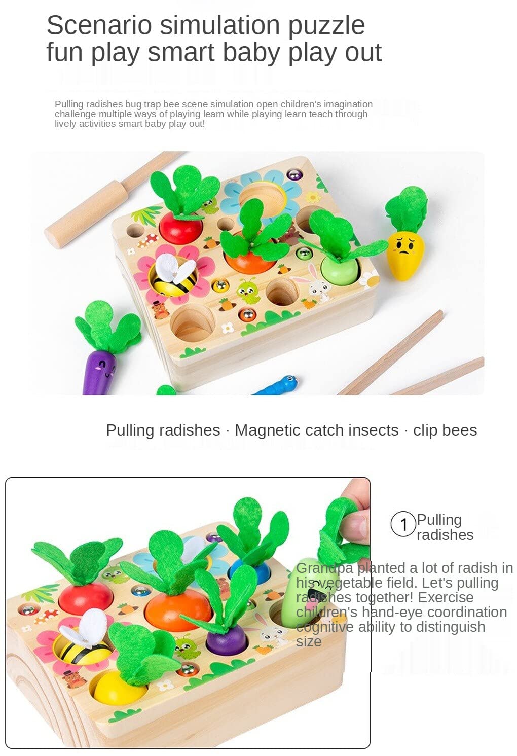 Wooden Magnetic Pulling Radishes Toy - Montessori Early Learning Educational Toy for Toddlers, Kids STEM Fine Motor Skills Development - Perfect for Preschool Classroom & Home Playtime Activities