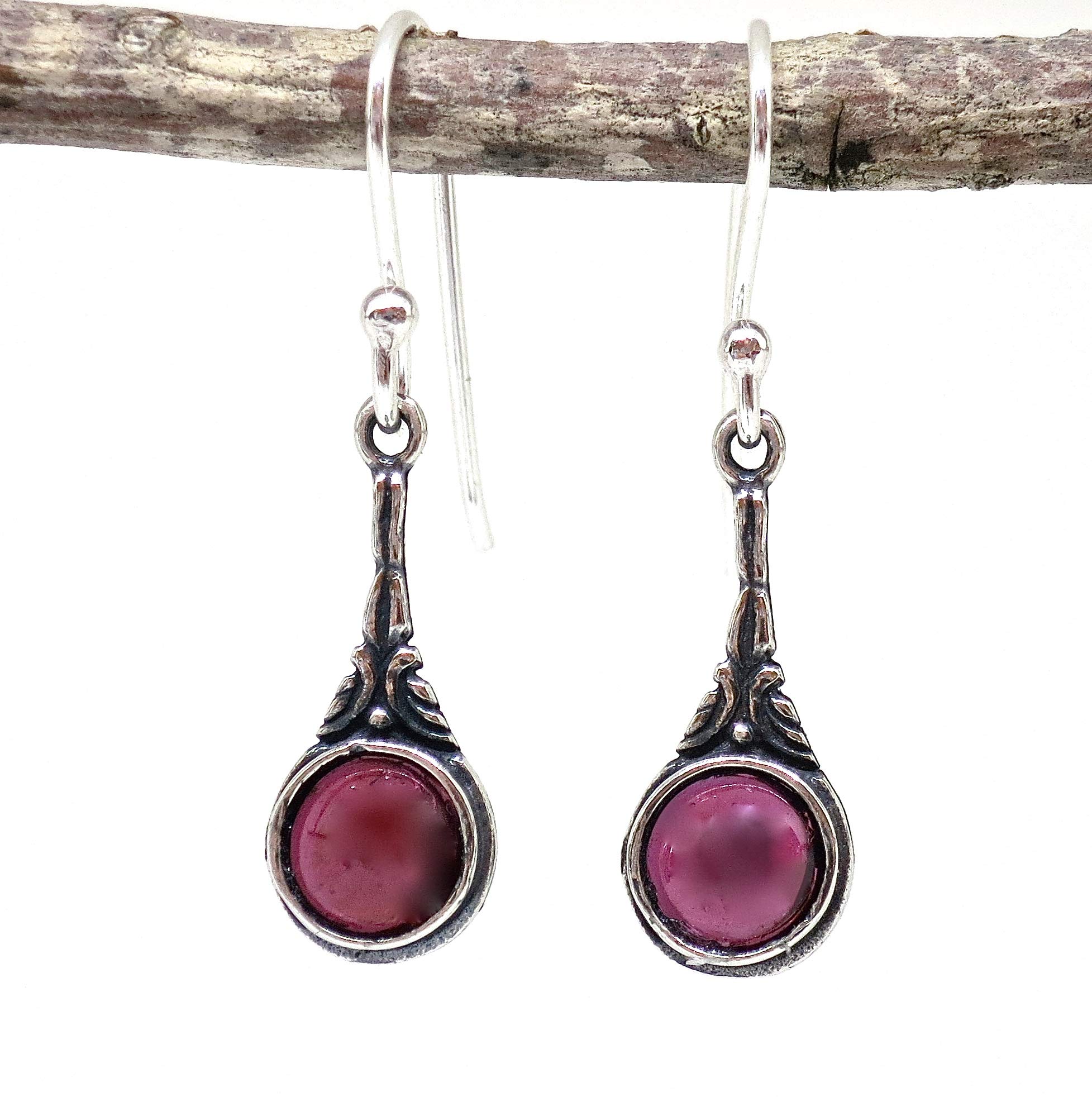 925 Sterling Silver Garnet Dangle Earrings for Women - Victorian Style Red Stone Jewelry, January Birthstone Gift, Rustic Vintage Silver Earrings for Parties, Weddings & Special Occasions