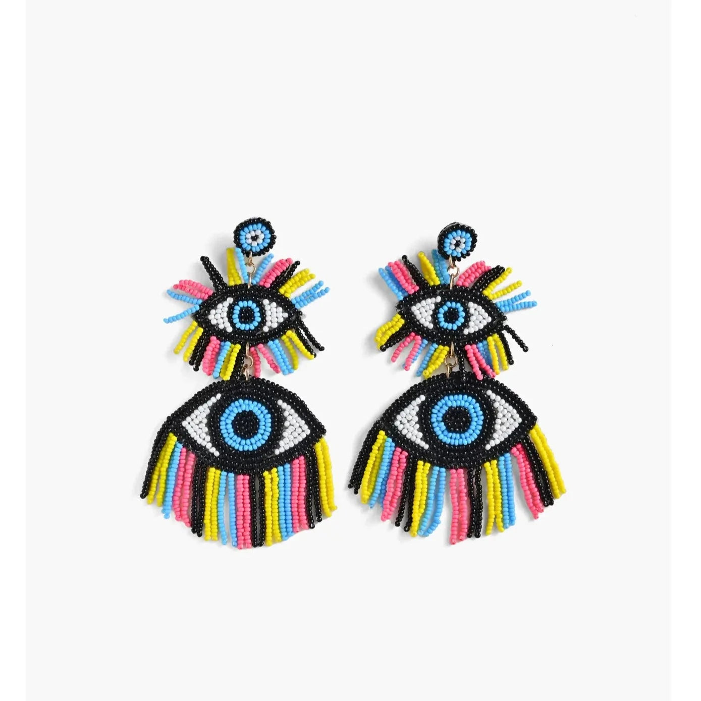 Vintage 80s Evil Eye Beaded Dangle Earrings for Women - Boho Hippie Style Jewelry Gift for Festival, Party & Everyday Wear