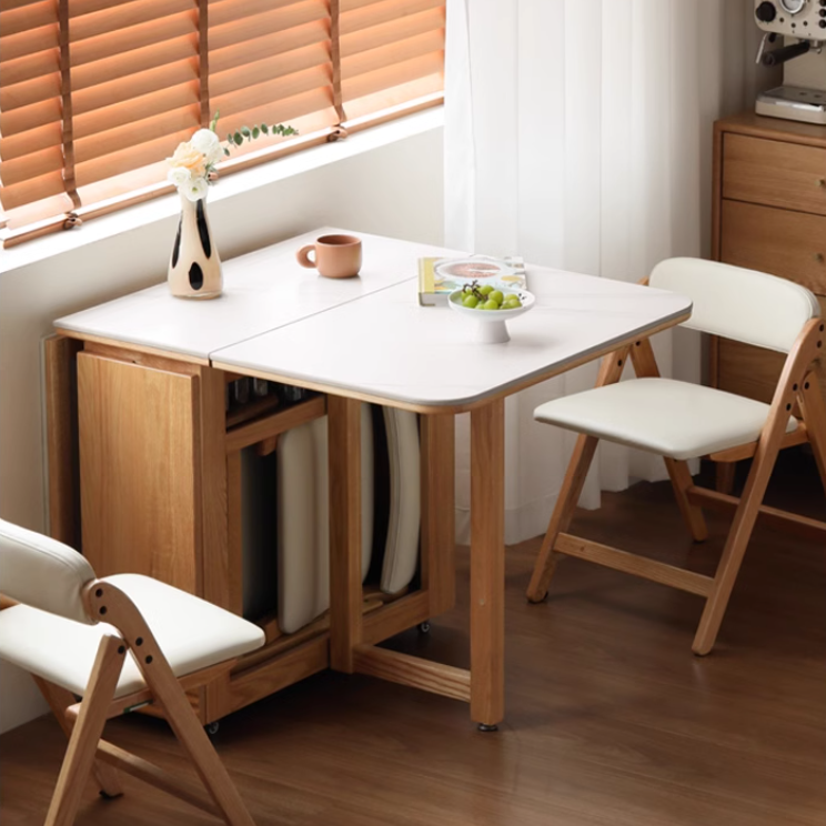 Solid Oak Wood Modern Rock Slab Folding Dining Table - Extendable Space-Saving Design for Small Apartments, Kitchens & Outdoor Dining
