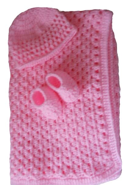 Handmade Crochet Pink Baby Blanket Set with Matching Hat & Booties - Soft Newborn Afghan Gift for Baby Girls - Perfect for Baby Showers, Christenings & Nursery Decor
