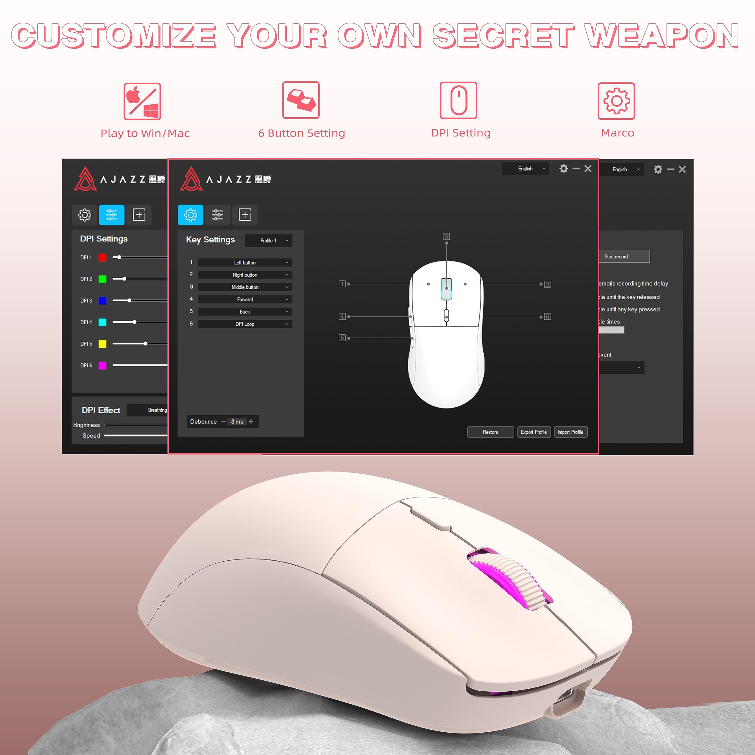 AJAZZ AJ199 Wireless Gaming Mouse - 59G Ultra Lightweight, 26K DPI PAW3395 Sensor, 40Hrs Battery Life, 2.4G/USB-C, 6 Programmable Buttons, 100% PTFE Feet - Perfect for FPS, MOBA, and Office Work