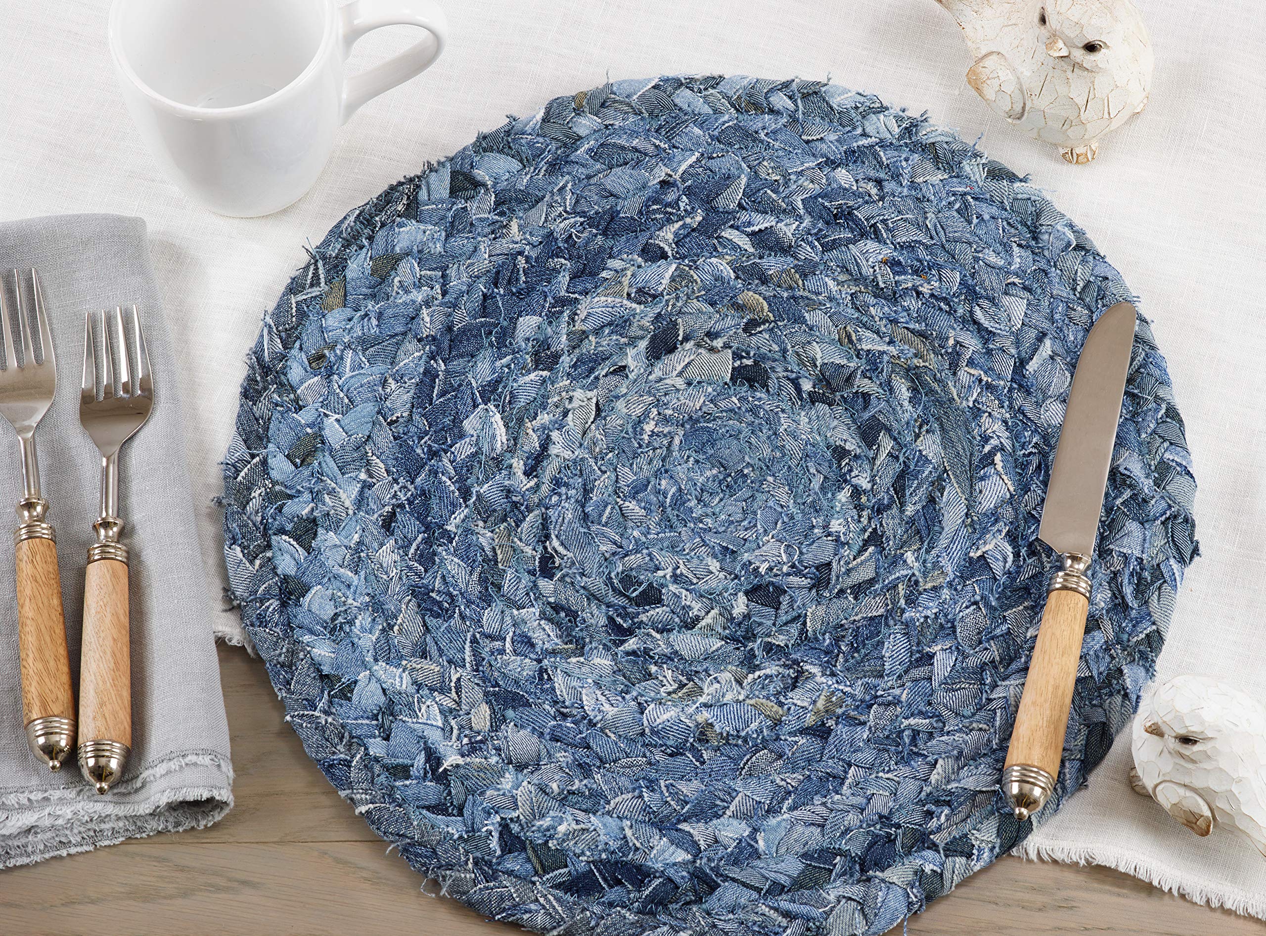 Eco-Friendly Denim Chindi Placemats Set of 4 - Handwoven Recycled Cotton Table Mats for Dining, Kitchen Decor, and Rustic Home Accessories | Perfect for Farmhouse, Boho, and Sustainable Living Styles