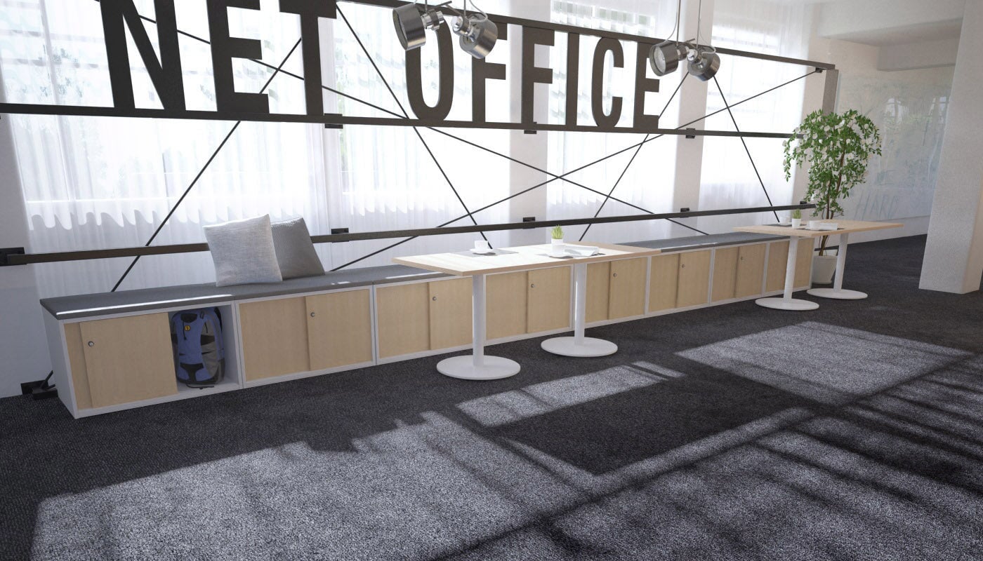 Low Profile Sliding 4-Door Credenza with Soft Top Cushion - Perfect for Home Office, Living Room, and Bedroom Storage