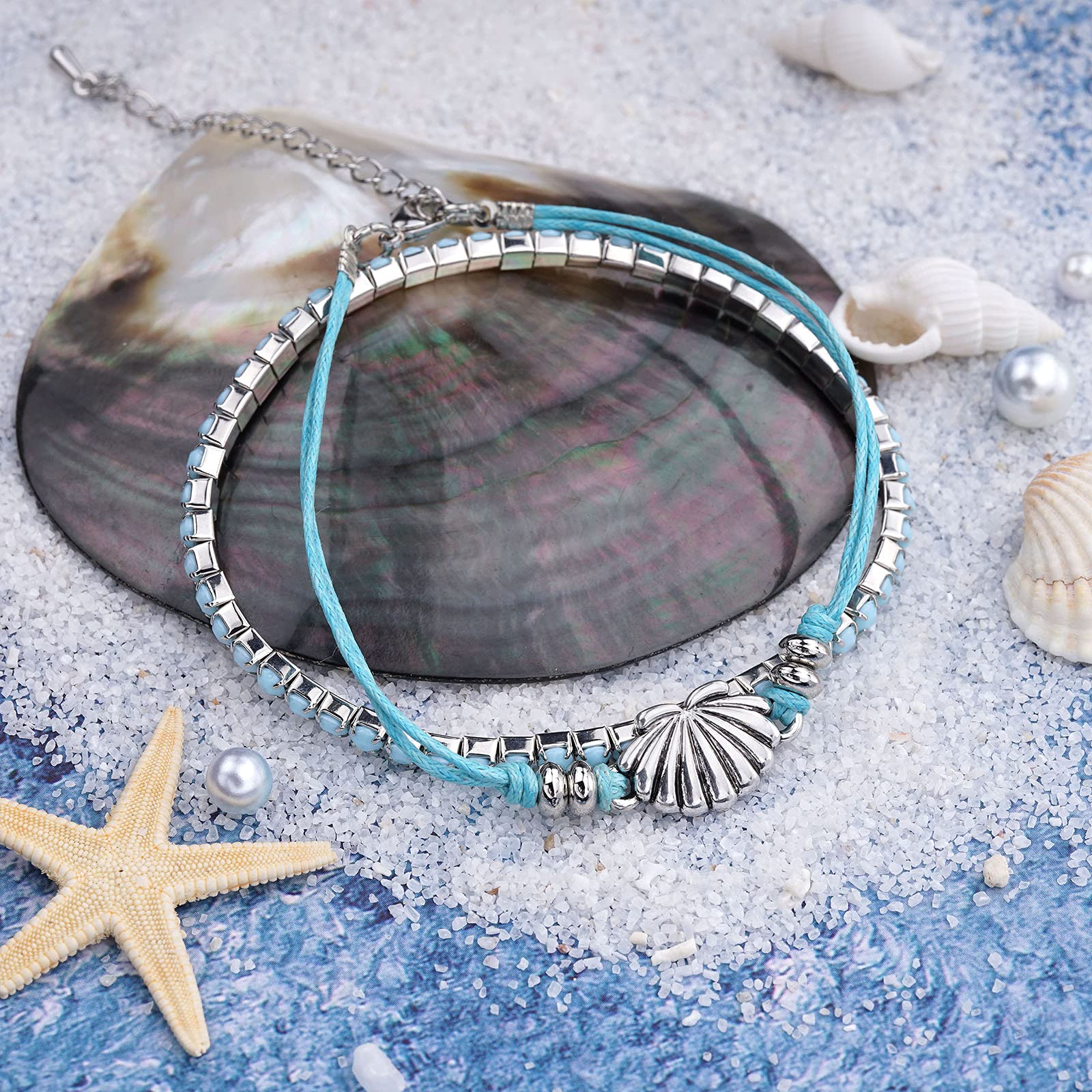 Boho Starfish Turtle Conch Shell Beach Bracelet for Women - Adjustable Stretch Anklet with Turquoise Beads, Foot Chain Jewelry - Perfect for Summer Vacations, Beach Parties and Boho Fashion Accessories