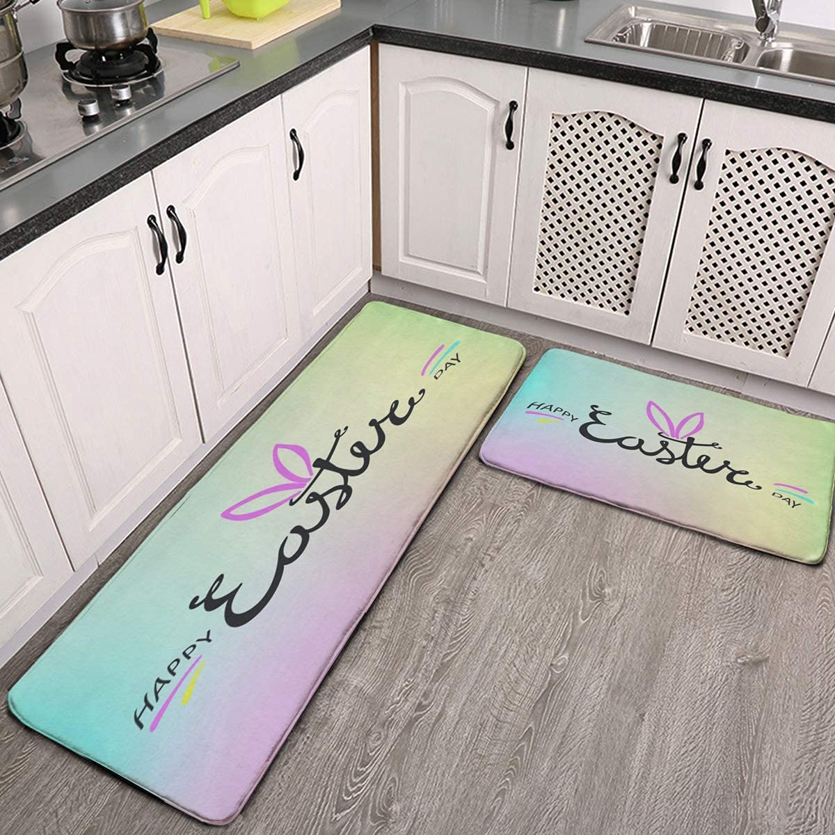 **Anti-Fatigue Kitchen Floor Mat Set - 2-Piece Non-Slip Cushioned Rug for Sink, Standing Desk & Hallway - Easter Bunny Rabbit Rainbow Decor for Home & Office Use**    *(Use Cases: Perfect for kitchens, offices, laundry rooms, or as a cozy hallway runner to reduce fatigue while standing or cooking.)*