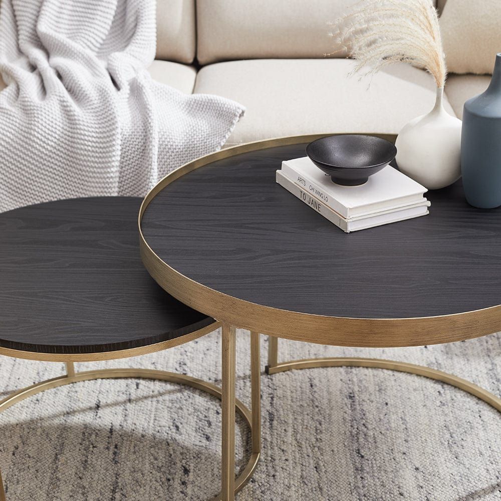Distressed Gold Metal Frame Black Oak Nested Coffee Table Set by Criterion - Perfect for Living Room, Lounge & Modern Home Decor