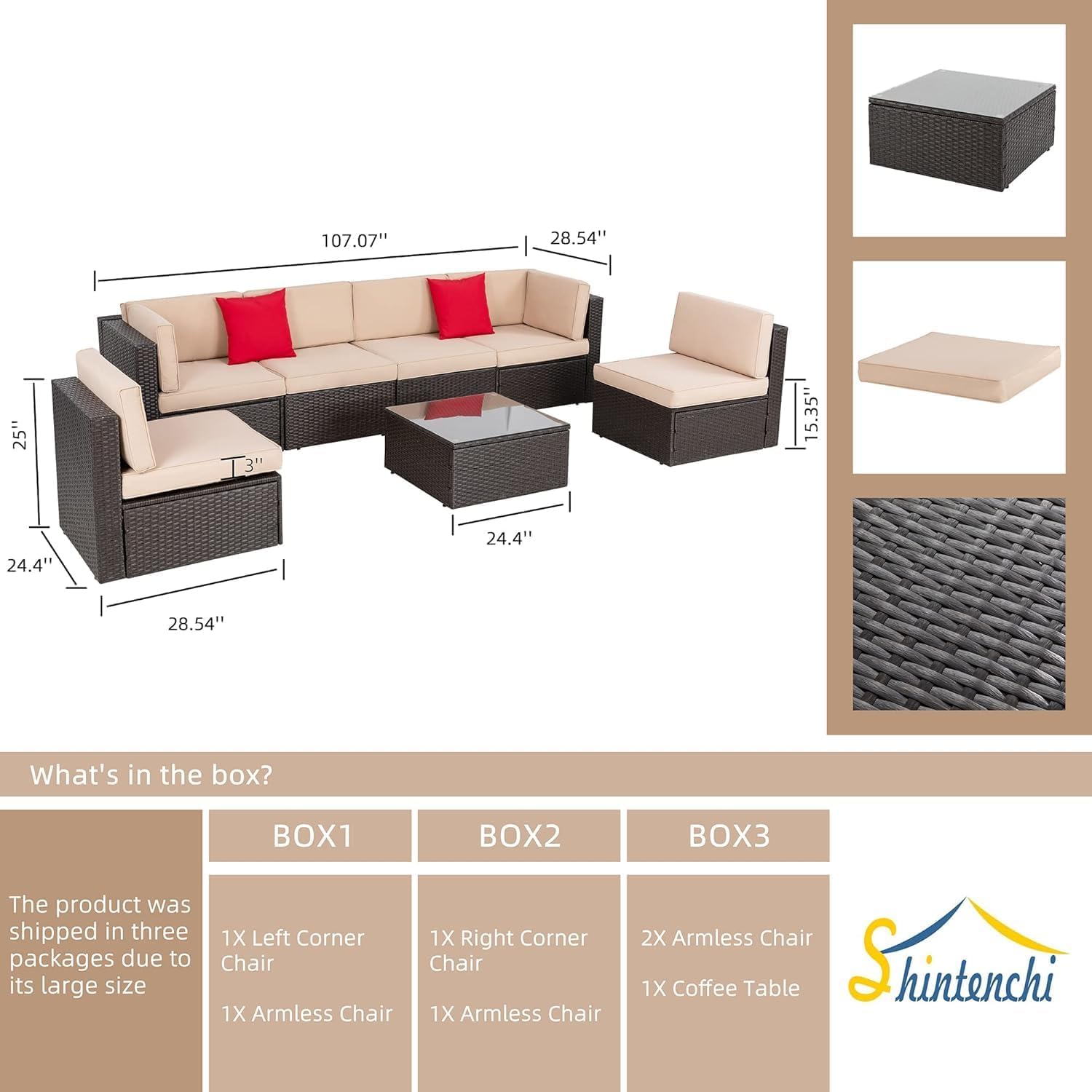 Shintenchi 7-Piece All-Weather Outdoor Patio Furniture Set - PE Rattan Wicker Sectional Sofa with Glass Table, Ottoman, Cushions & Red Pillows - Neutral Color for Backyard, Garden, Poolside or Deck Relaxation