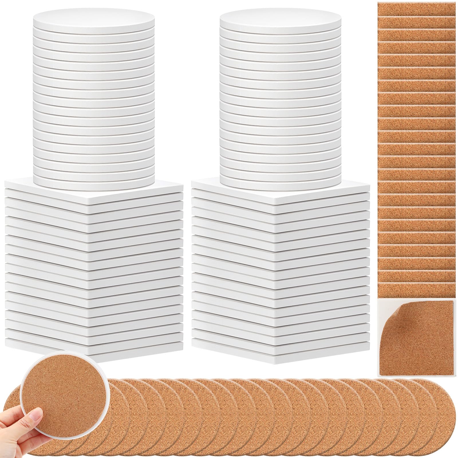 144-Piece White Blank Unglazed Ceramic Tiles for Crafts - DIY Painting Coasters with Cork Backing Pads | Perfect for Art Projects, Home Decor & Gift Making (Round & Square Shapes)