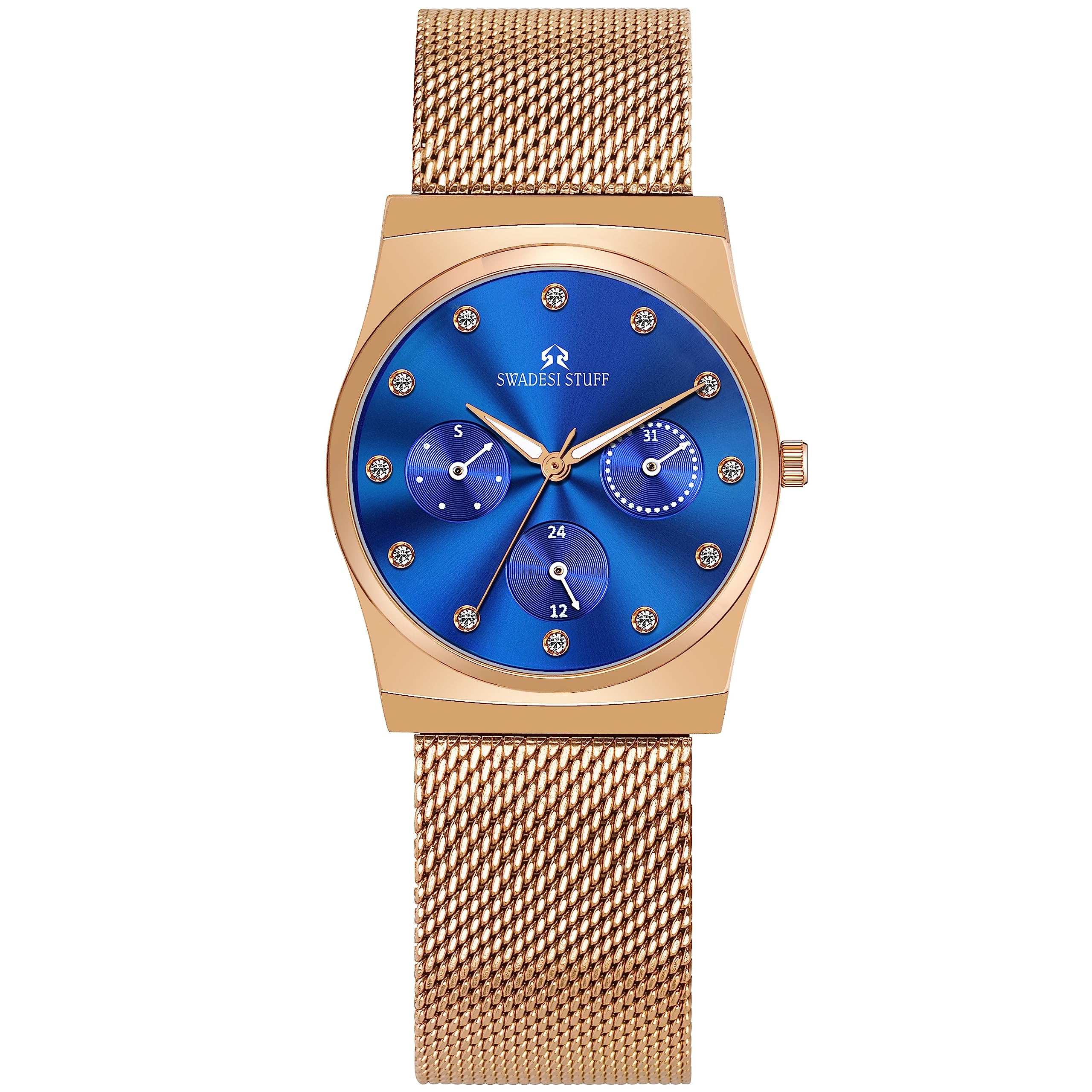 SWADESI STUFF Women's Rose Gold Stainless Steel Analog Chronograph Watch - Luxury Troika Dial Design for Everyday Wear, Office & Special Occasions