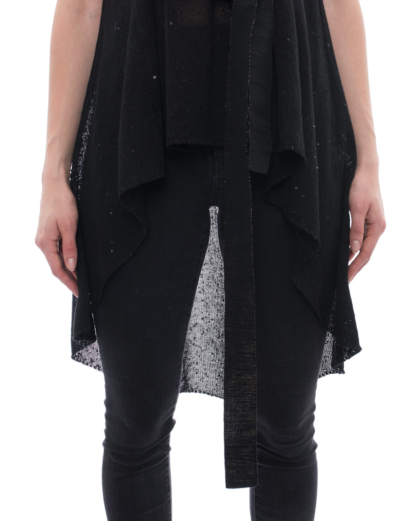 Brunello Cucinelli Women's Black Sleeveless Knit Top with Ribbon Belt - Size M | Luxury Cashmere Summer Blouse for Office & Evening Wear