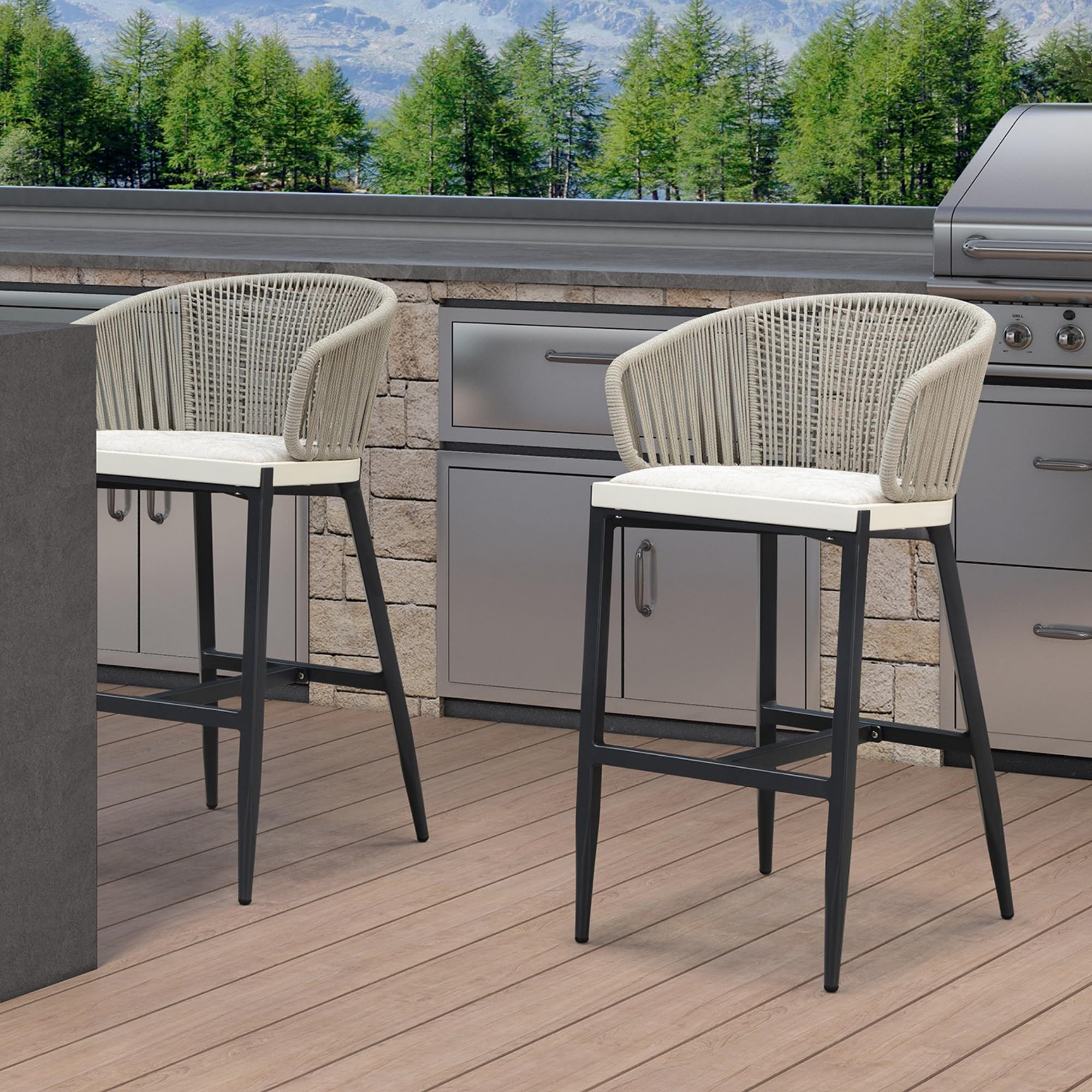 PURPLE LEAF Outdoor Rattan Bar Stools Set of 2 - Modern Patio Barstools with Wraparound Armrests, Metal Wicker Design for Kitchen Island, Garden & Indoor Use - Boho Style Aluminum Woven Bar Chairs (Gray) - Perfect for Backyard, Poolside & Dining Areas
