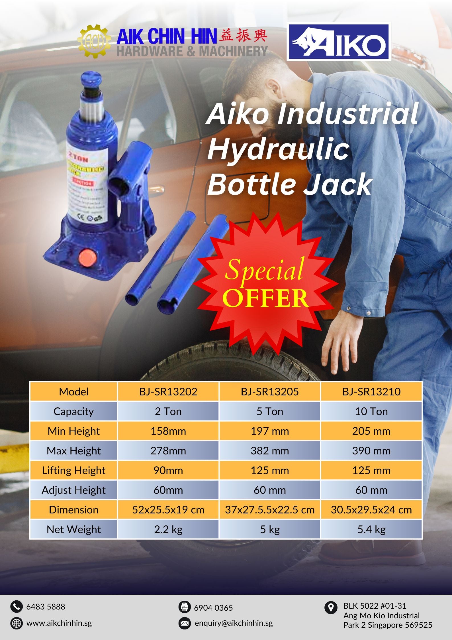 2 Ton Heavy Duty Hydraulic Bottle Jack - Aiko Industrial BJ SR13202 for Car Lifting, Auto Repair & Construction Use