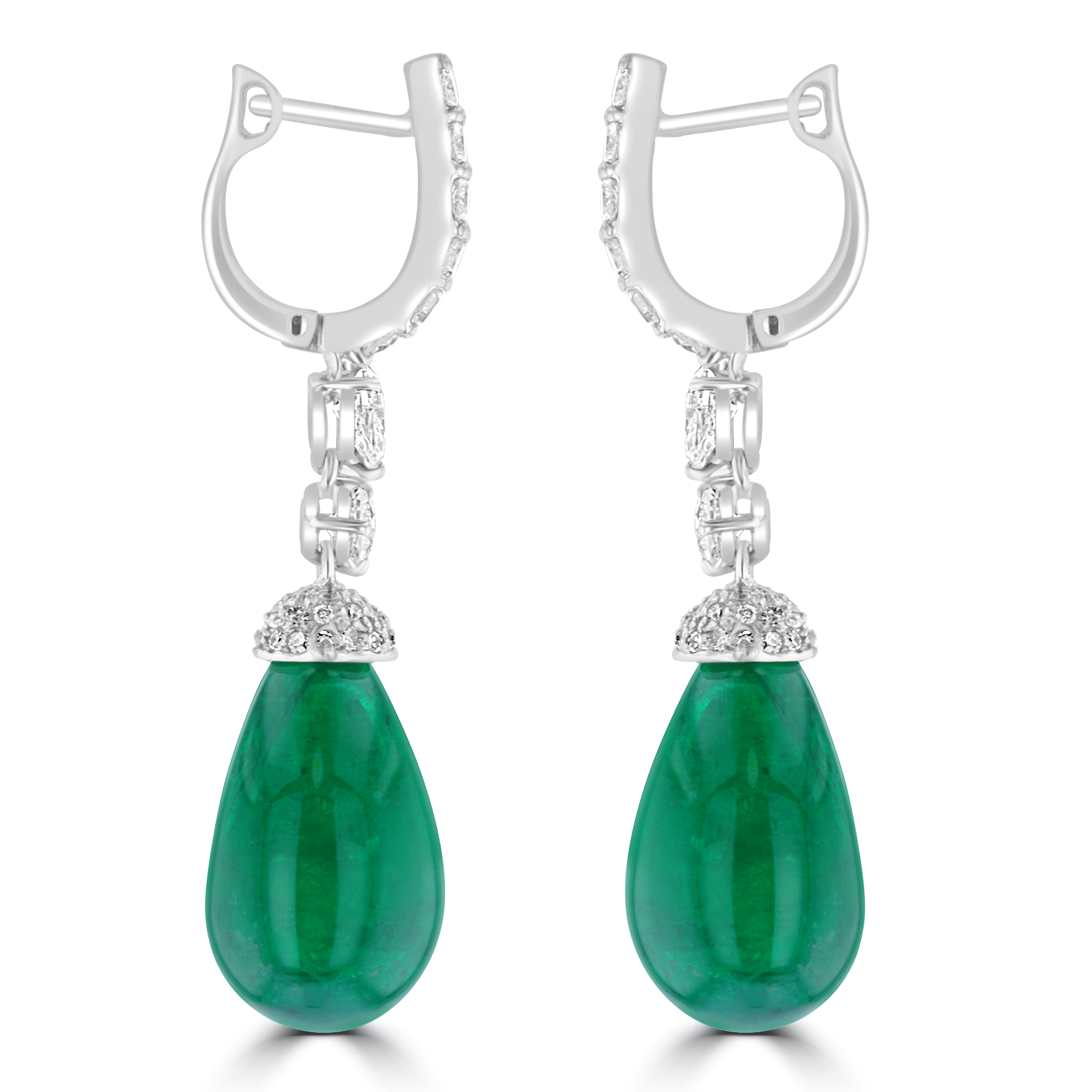 18K White Gold 34.35ct Emerald & 2.02ct Diamond Dangle Leverback Earrings for Women - Luxury Wedding, Anniversary & Evening Party Jewelry Gift