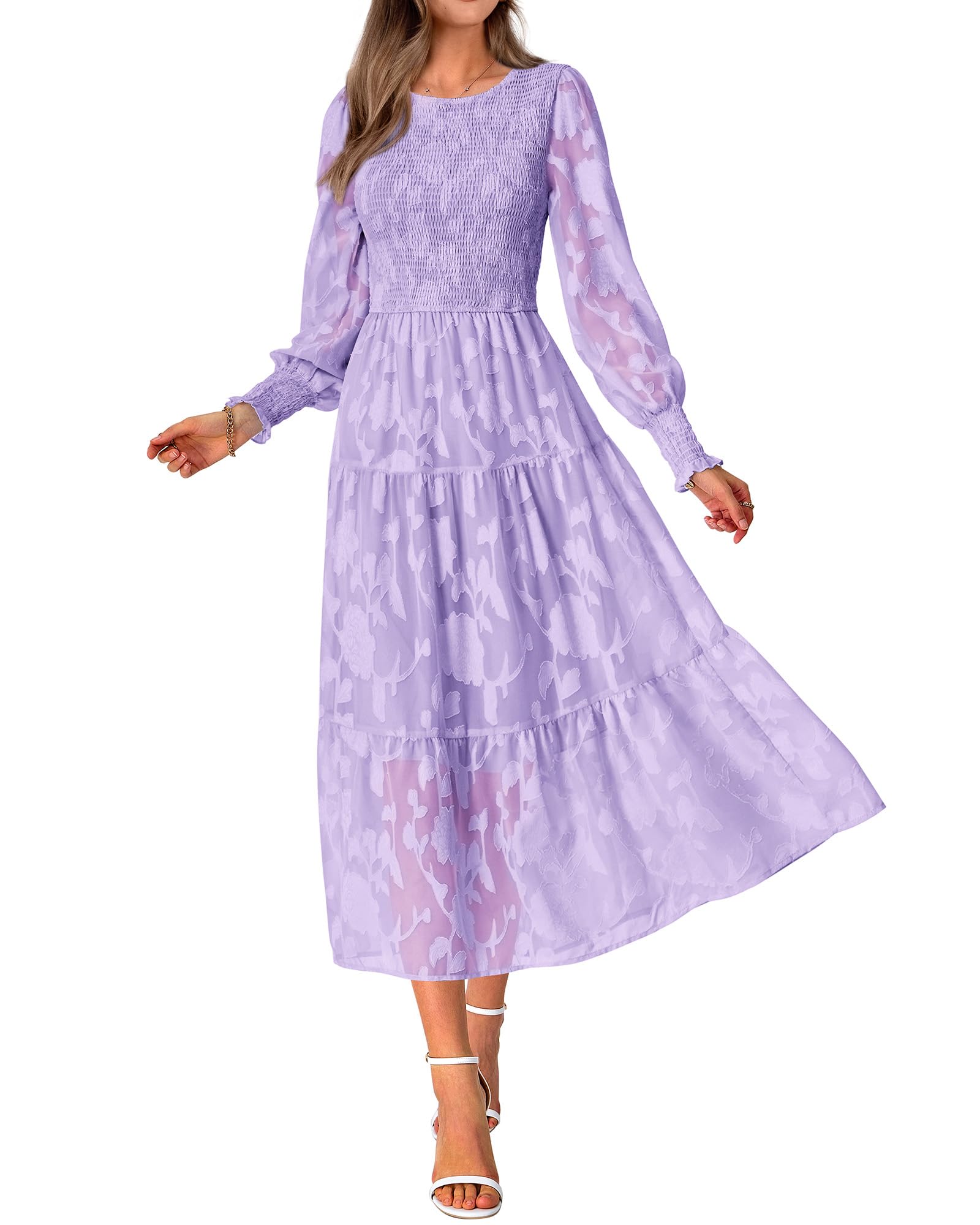 BTFBM Women's Elegant Floral Midi Dress - Long Sleeve Bohemian Wedding Guest Dress for Spring 2025 | Perfect for Garden Parties, Bridal Showers & Formal Events