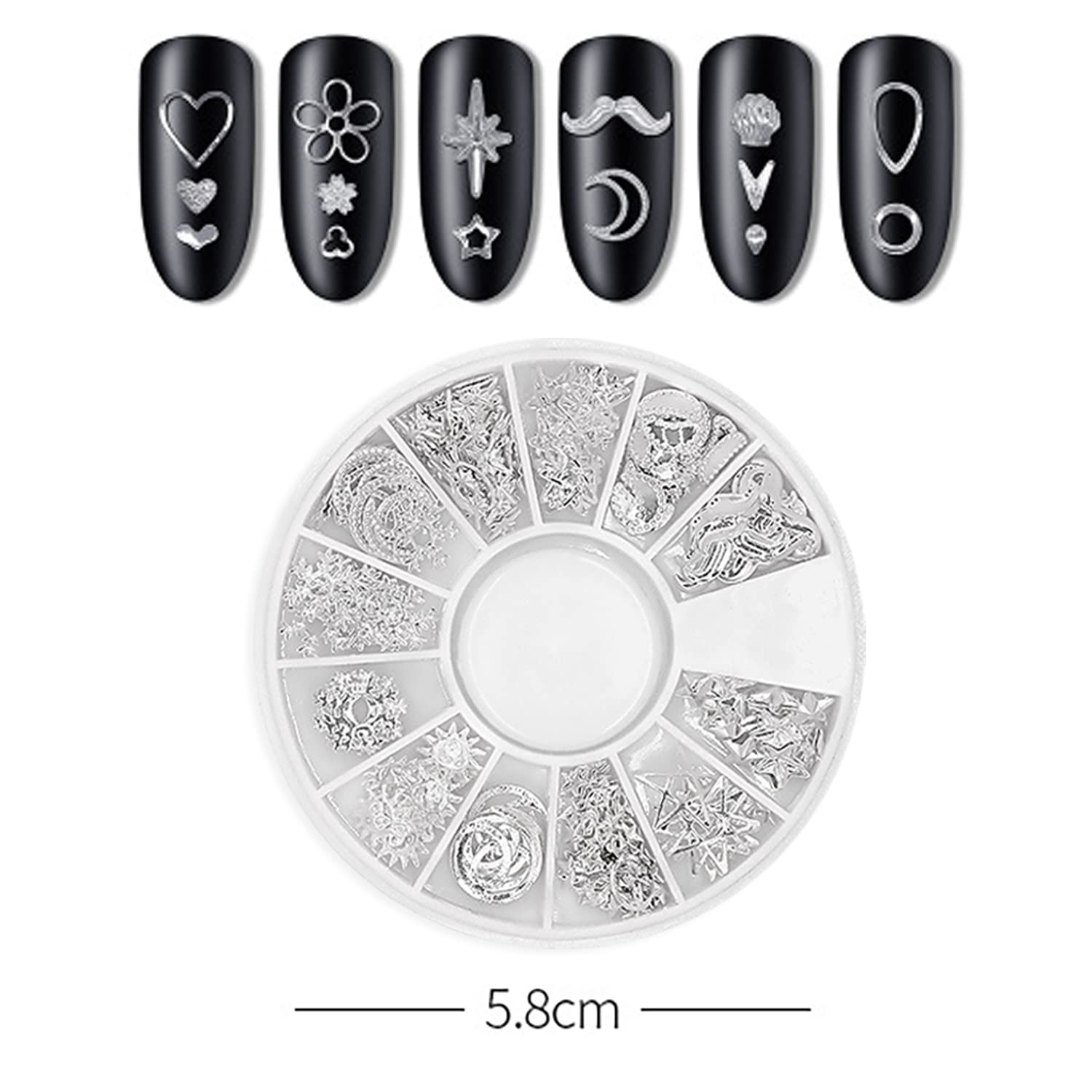 DANNEASY 3D Nail Charms - Silver Metal Nail Art Studs & Jewelry for Acrylic Nails, DIY Nail Decoration Kit (6 Boxes) - Perfect for Manicures, Nail Art Designs & Craft Projects