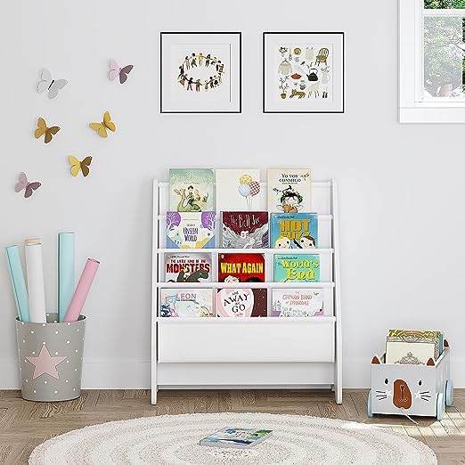 Kids Sling Bookshelf - White Book Organizer & Magazine Rack for Children's Room - Perfect for Bedroom, Playroom & Classroom Storage