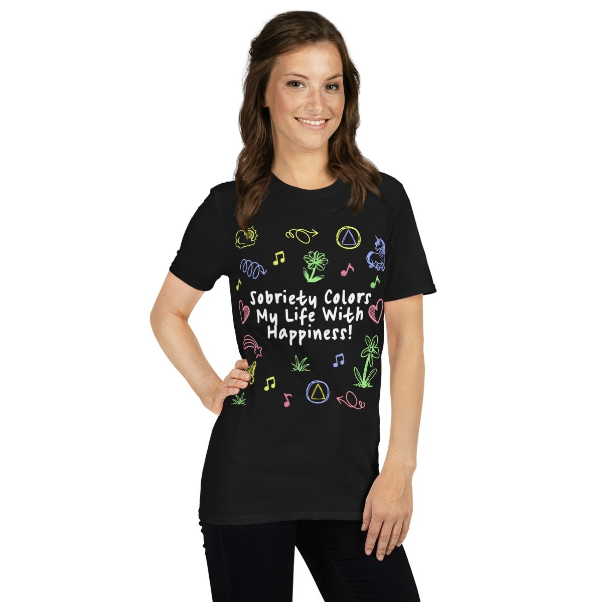 Unisex Essential Tee with Doodle Art - Sobriety Colors My Life With Happiness Design - Casual Wear for Everyday Comfort & Street Style