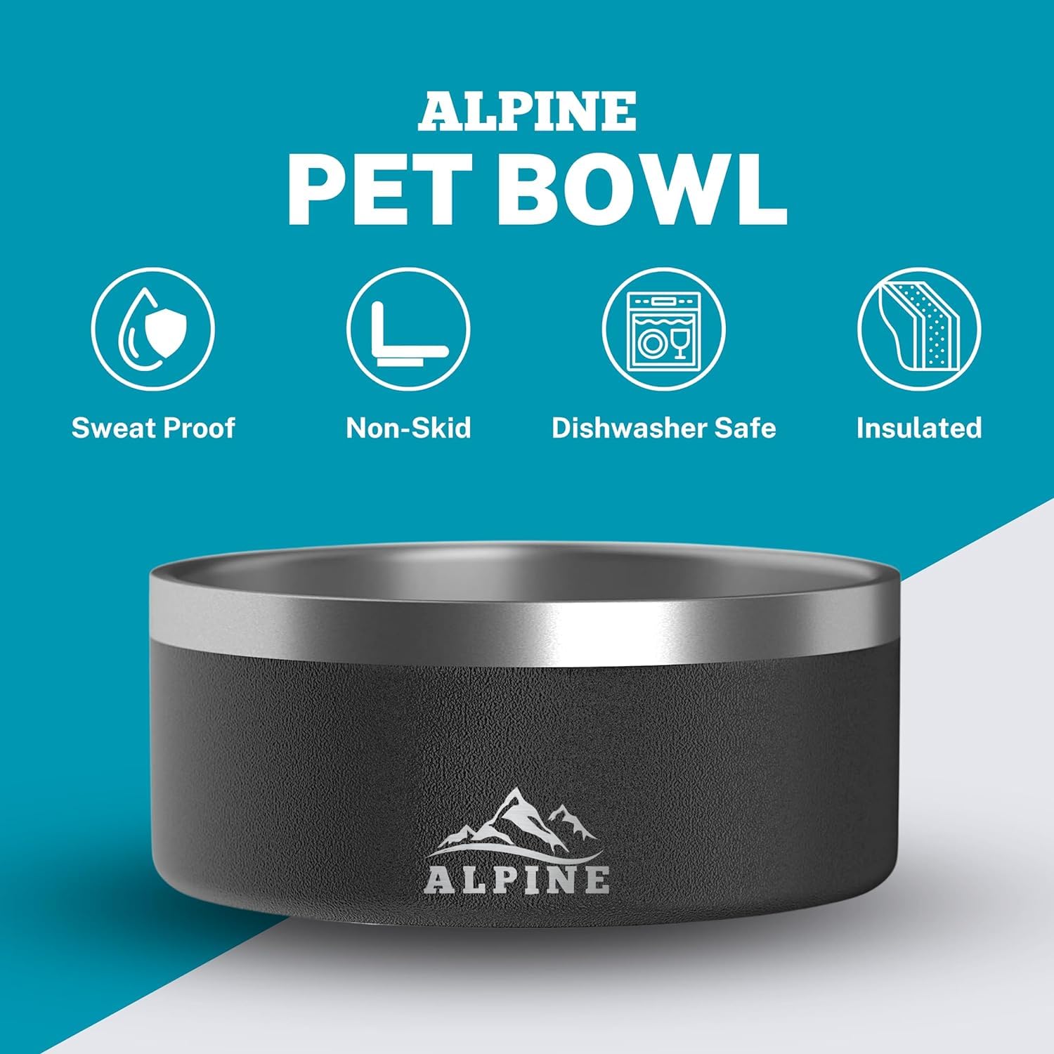 ALPINE Set of 2 Stainless Steel Dog Bowls - Non-Slip Metal Pet Food & Water Bowls, Double Walled Insulated, Rustproof, Dishwasher Safe (64 oz, Black/White) - Perfect for Indoor & Outdoor Use, Travel, and Daily Feeding