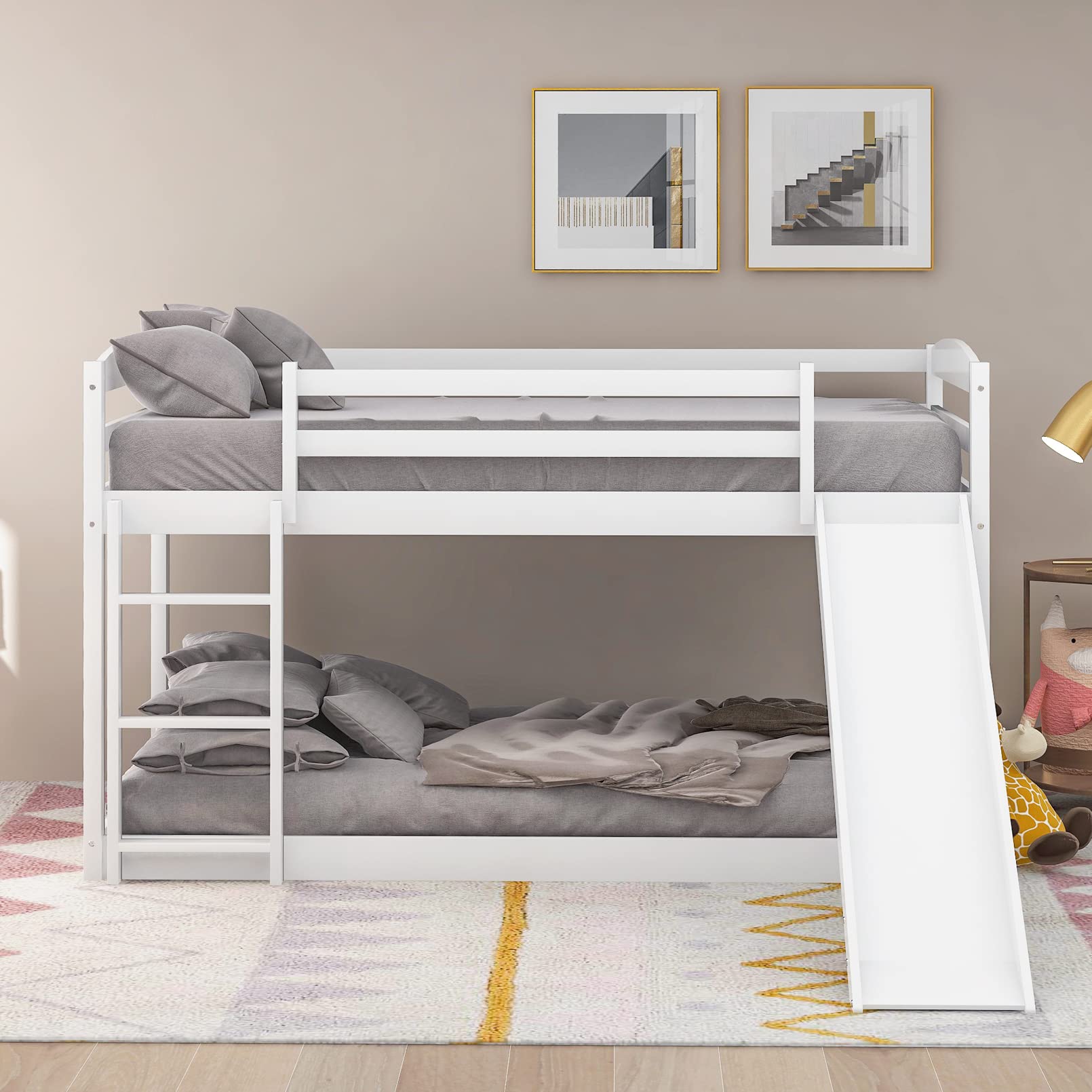 Twin Over Twin Wooden Bunk Bed with Convertible Slide & Ladder - Sturdy Wood Slat Support for Kids, Teens & Adults - No Box Spring Needed - White - Perfect for Small Bedrooms, Dorm Rooms & Vacation Homes