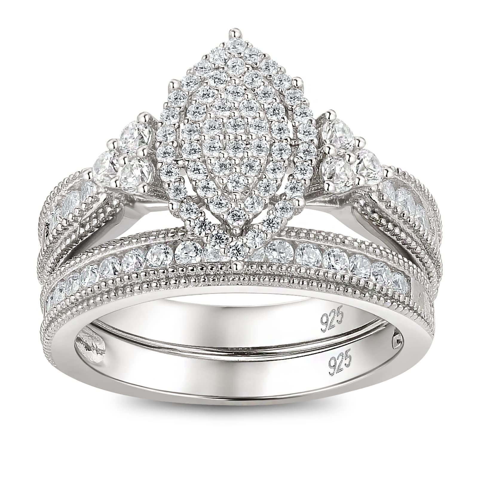 Vintage Marquise Shape Engagement & Wedding Ring Set - 925 Sterling Silver with White Round CZ Stones (Size 5-10) | Perfect for Proposals, Anniversaries & Romantic Occasions