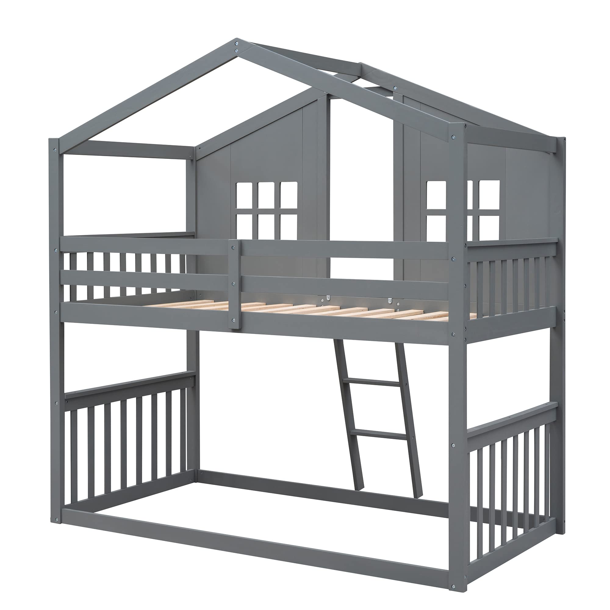 P PURLOVE Twin Over Twin Bunk Bed with Ladder & Guardrail - Low House Style Wooden Bunk Bed Frame with Roof & Window - Space Saving Kids Bed for Teens, Girls & Boys in Gray - Perfect for Small Bedrooms, Shared Kids Rooms & Vacation Homes