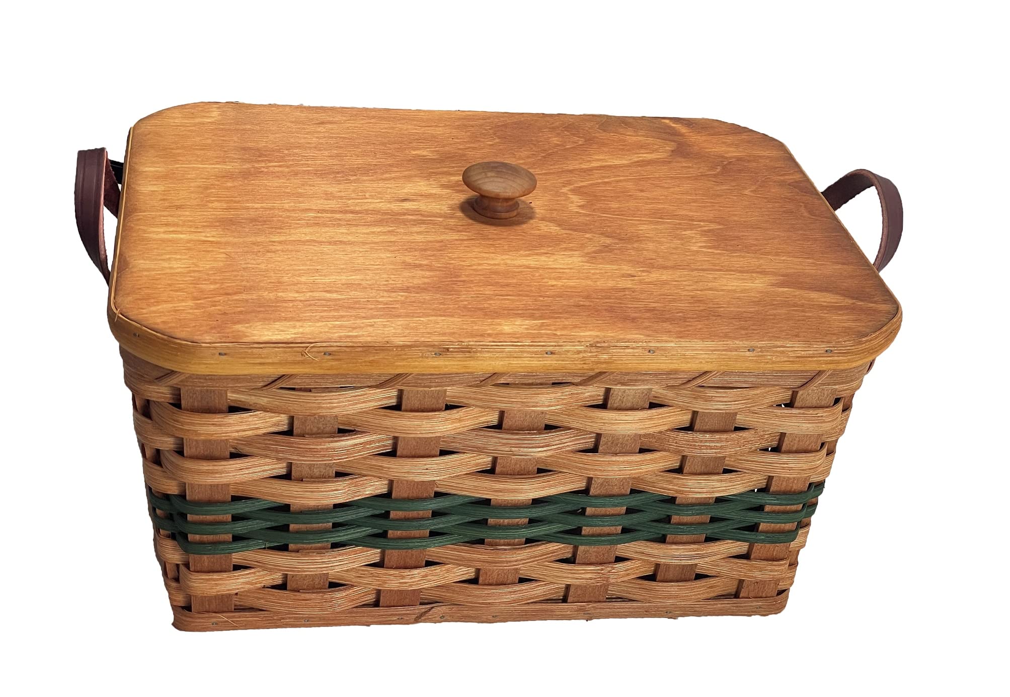 Amish Handmade Oak Rectangular Storage Basket with Handles - Green - Perfect for Knitting & Sewing Supplies Organization, Home Decor, and Farmhouse Style Storage