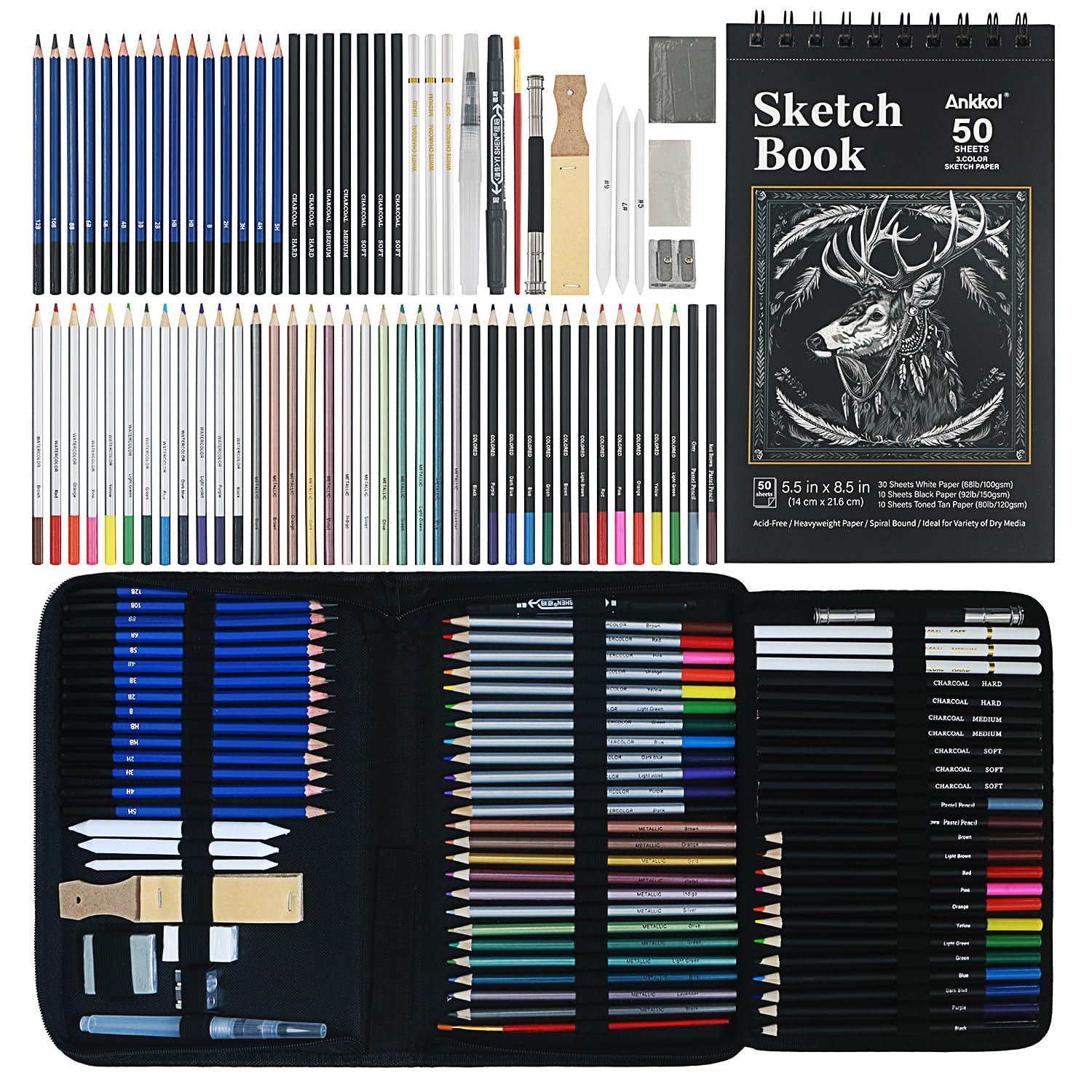 Professional 76-Piece Drawing Set - Sketching Kit with Pencils, Watercolor, Metallic, Colored & Charcoal | Includes 3 Sketch Books | Art Supplies for Adults, Kids & Teens | Perfect for Sketching, Shading & Mixed Media Art Projects