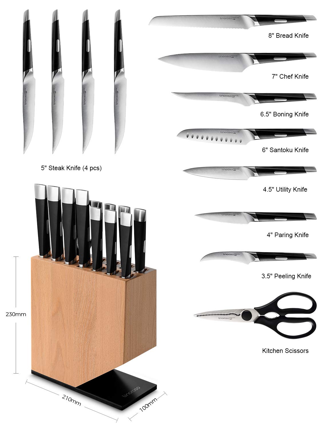 Linoroso 13-Piece German High Carbon Stainless Steel Knife Set with Beech Wood Block - Professional Chef Knives for Kitchen Cooking, Slicing, Dicing - Perfect for Home Chefs & Culinary Enthusiasts