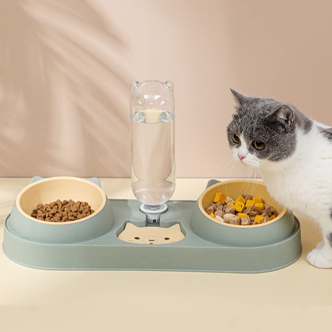 Triple Elevated Cat Bowls with Water Dispenser - 3-in-1 Automatic Pet Feeder for Cats & Small Dogs - Raised Plastic Food & Water Dish Set for Wet/Dry Food (Dark Green) - Perfect for Home, Kitchen & Travel Use