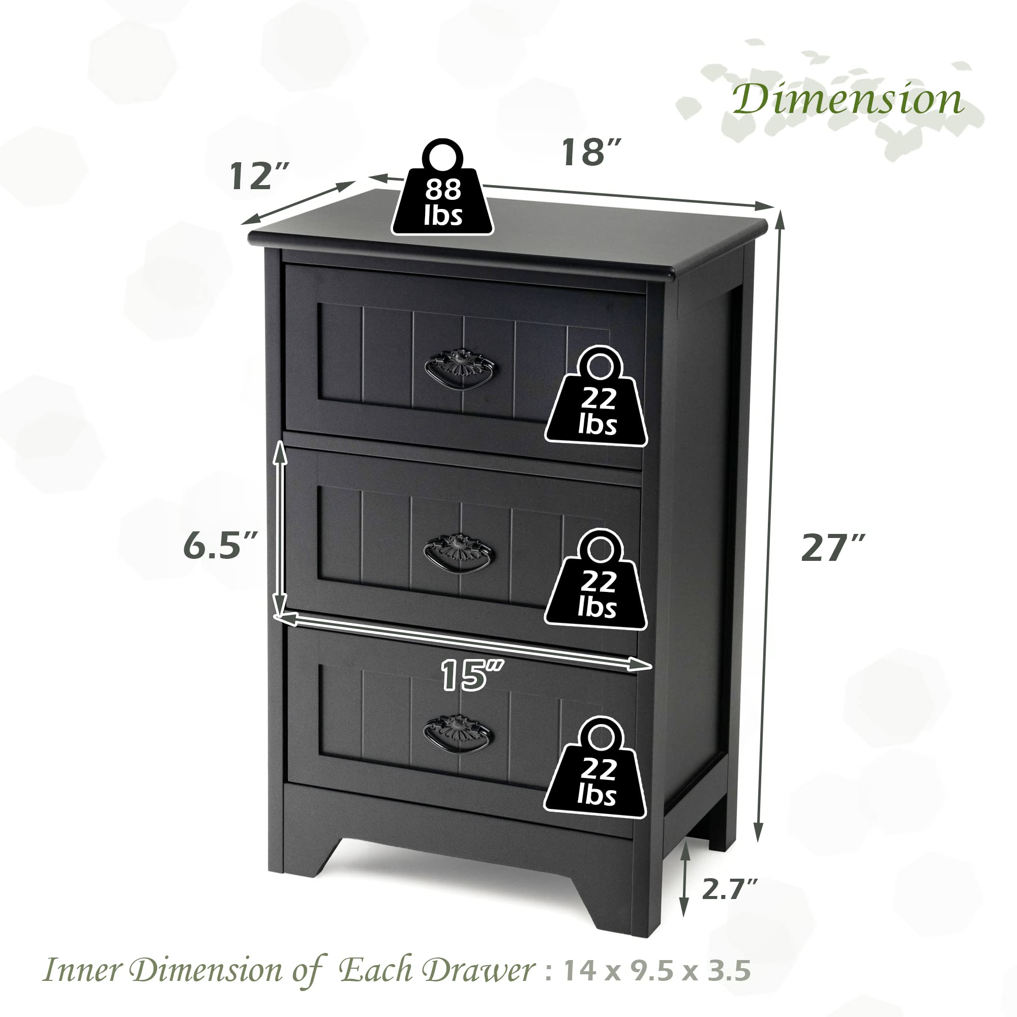 Modern Black Bathroom Storage Cabinet with 3 Drawers & Anti-Tip Strap - Perfect for Small Spaces & Home Organization