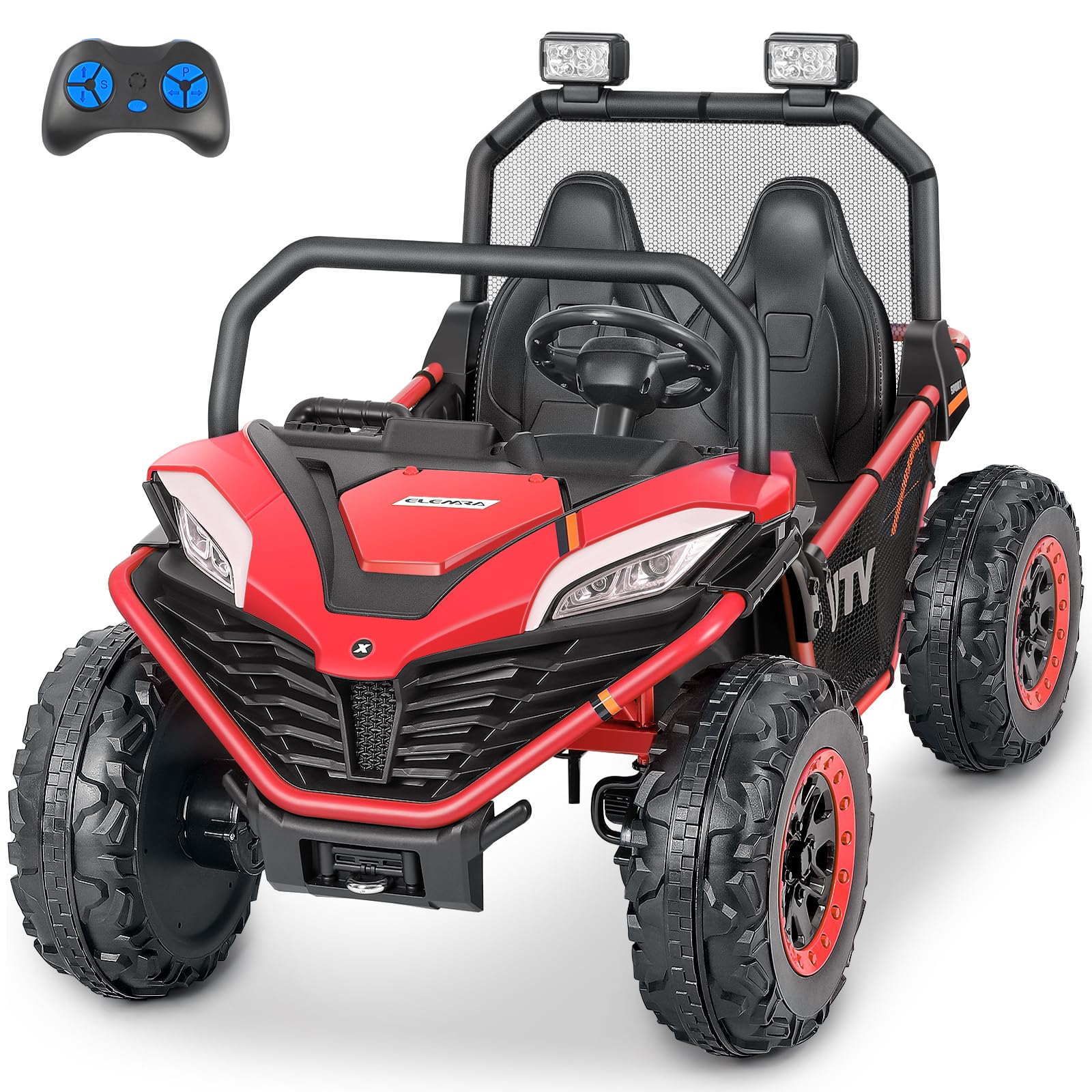 **ELEMARA 24V 2 Seater Kids Electric Ride-On Car - 10AH 4WD UTV Toy with Remote Control, Bluetooth, LED Lights, 3 Speeds & Music - Spring Suspension & Storage - Perfect for Ages 3-8 - Fire Red - Ideal for Outdoor Play, Birthday Gifts & Family Fun**
