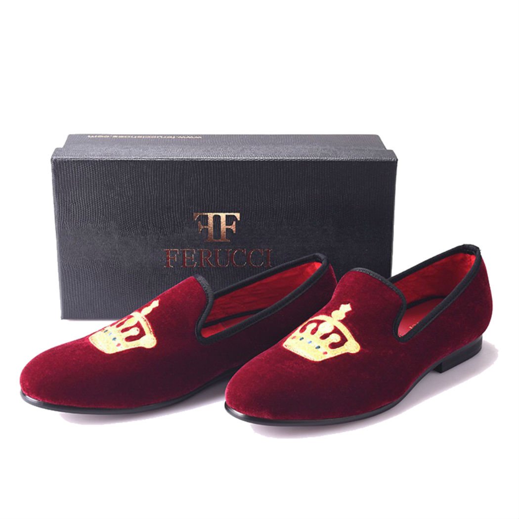 FERUCCI Handmade Burgundy Velvet Men's Loafers with Gold Crown - Luxurious House Slippers for Men, Comfortable Indoor/Outdoor Slippers for Relaxation & Lounging