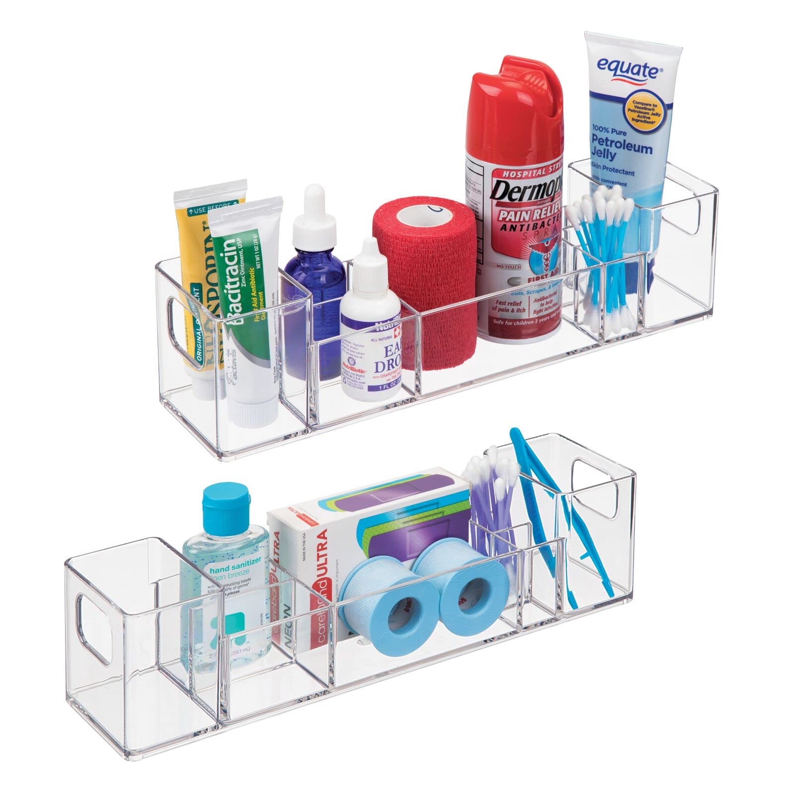 mDesign Clear Plastic Bathroom Medicine Cabinet Organizer with Handles - 2-Pack Vanity Storage Container for Cotton Swabs, Makeup & Toiletries | Lumiere Collection | Perfect for Small Bathroom Organization & Travel Essentials