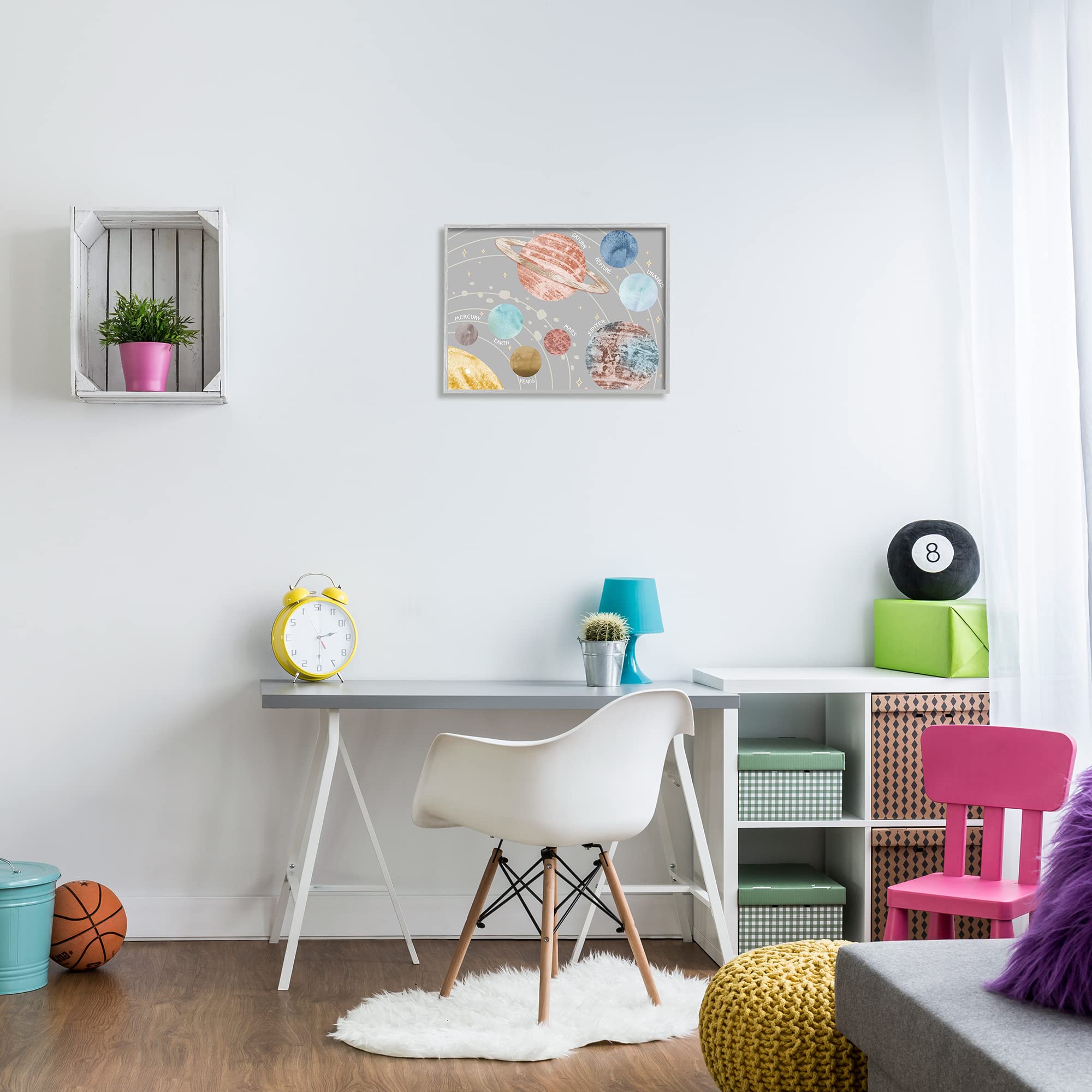 Stupell Industries Kids' Outer Space Planets Abstract Solar System Wall Art - Gray Framed Space Decor for Nursery, Bedroom & Playroom - 20