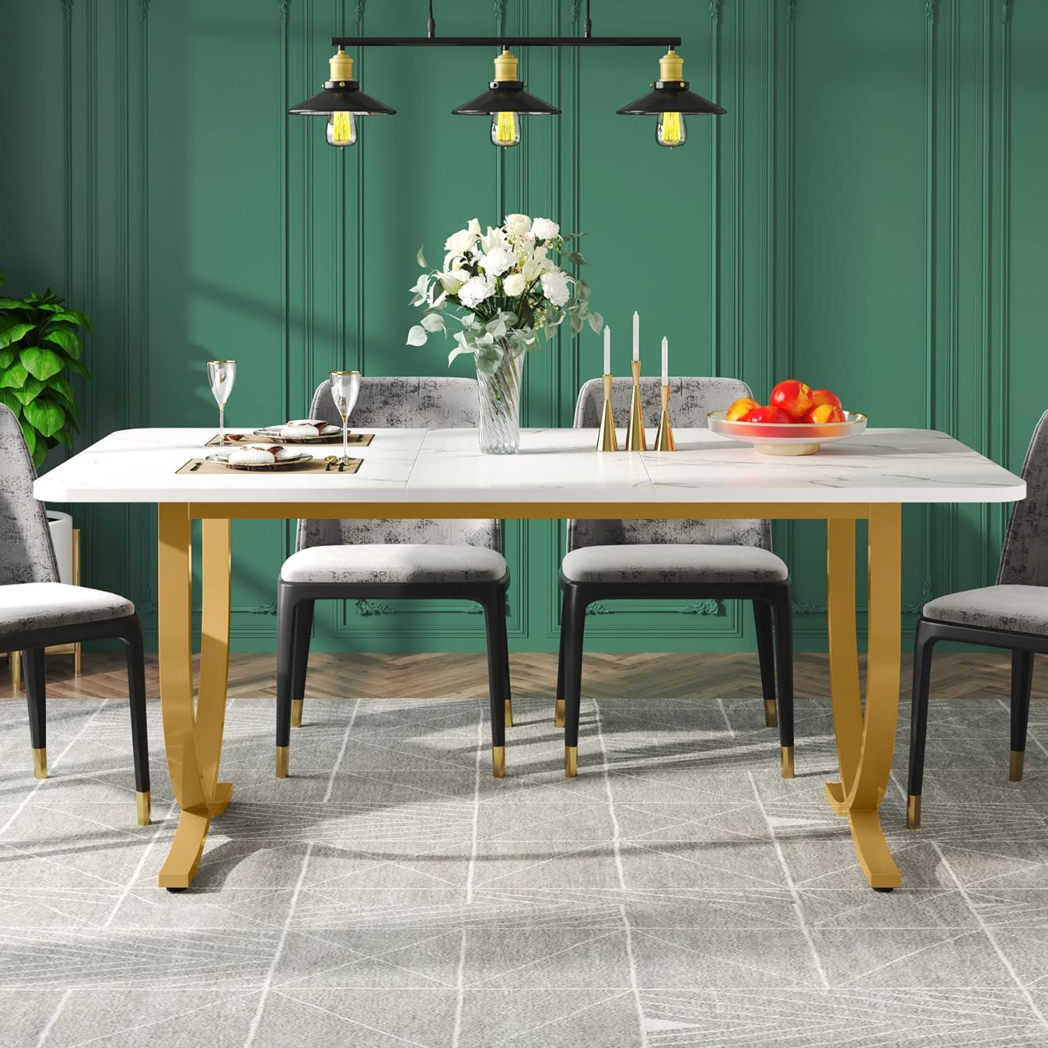Tribesigns 63-Inch White and Gold Modern Rectangular Dining Table for 4-6 People - Faux Marble Table Top with Sturdy Metal Legs - Perfect for Dining Room, Kitchen or Living Room - Ideal for Family Meals, Entertaining Guests & Home Office Workspace