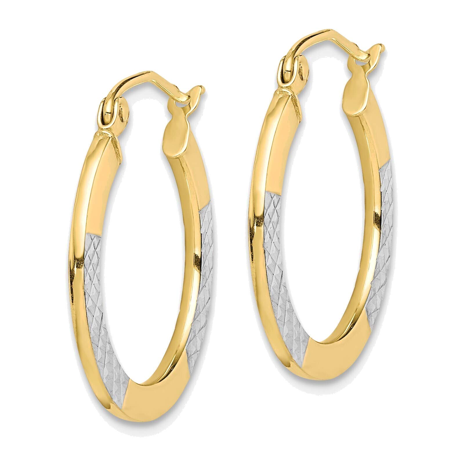 2.5x20mm Diamond Cut Hoop Earrings - 10K Yellow Gold with Rhodium Plating - Perfect for Everyday Wear, Parties & Special Occasions