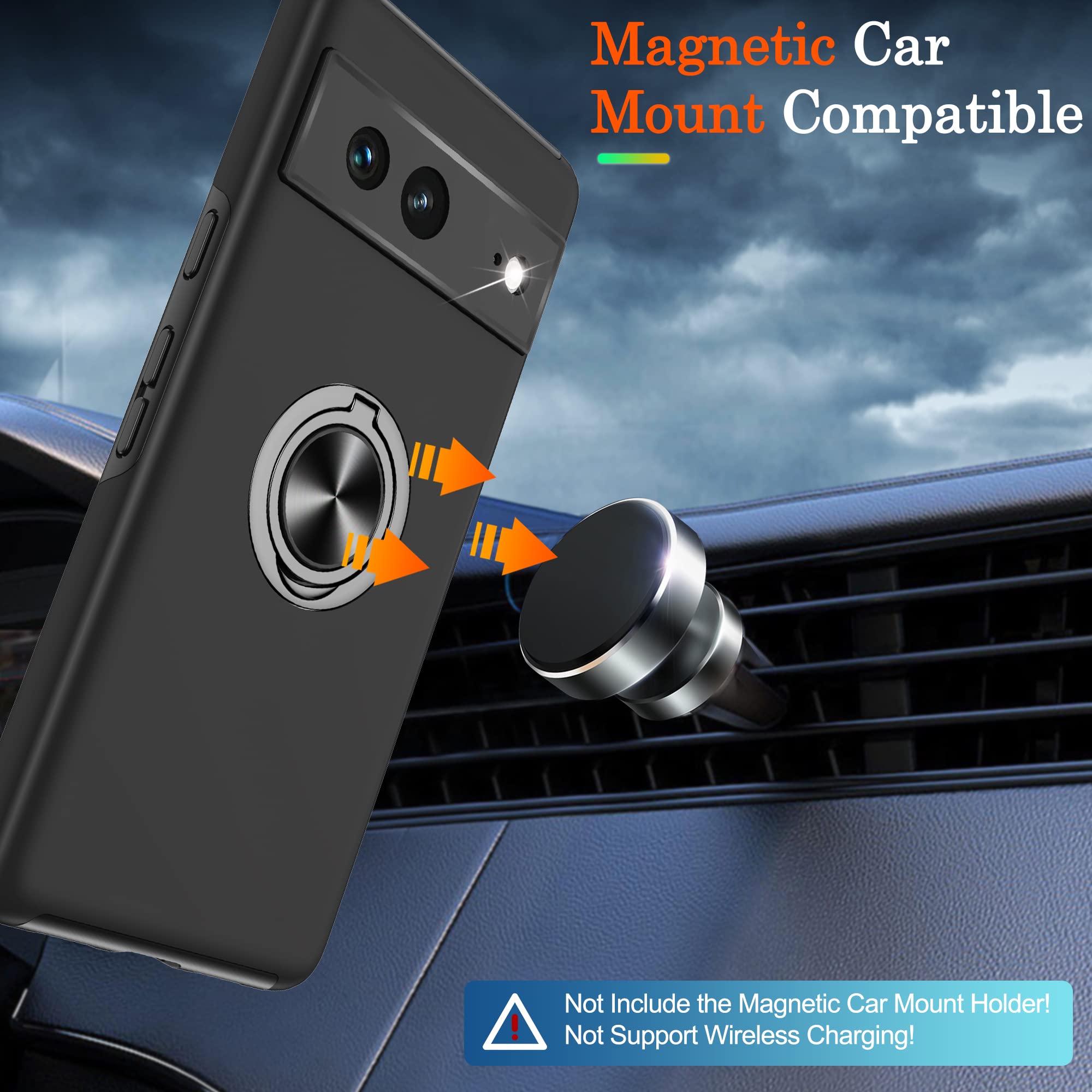Shockproof Google Pixel 7 Case with HD Screen Protector - 360° Magnetic Ring Holder & Kickstand - Black | Perfect for Everyday Protection & Hands-Free Viewing