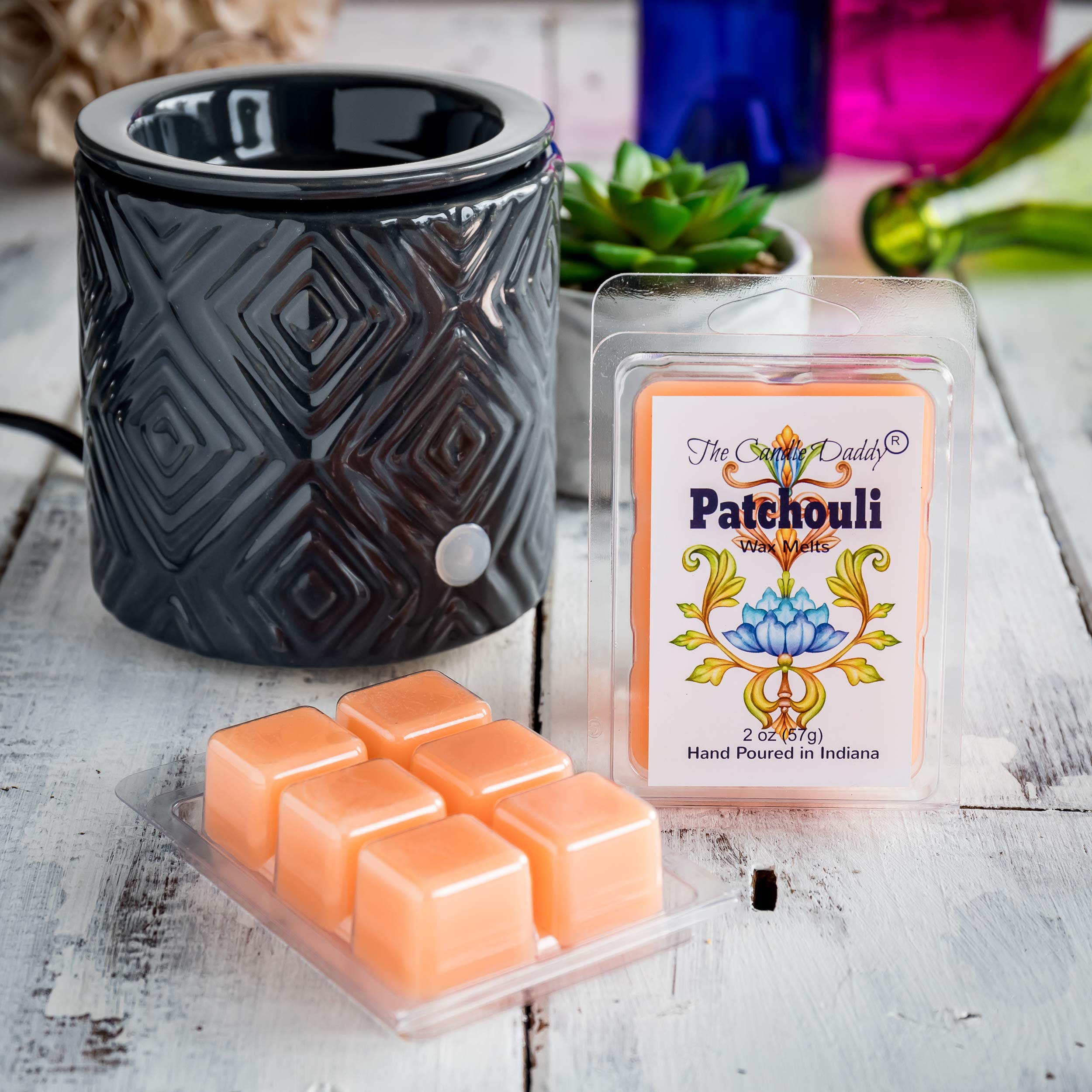 Patchouli Scented Candles & Wax Melts Set - 6 oz Candle & 3 x 2 oz Wax Melts for Home, Yoga, Meditation & Aromatherapy Relaxation