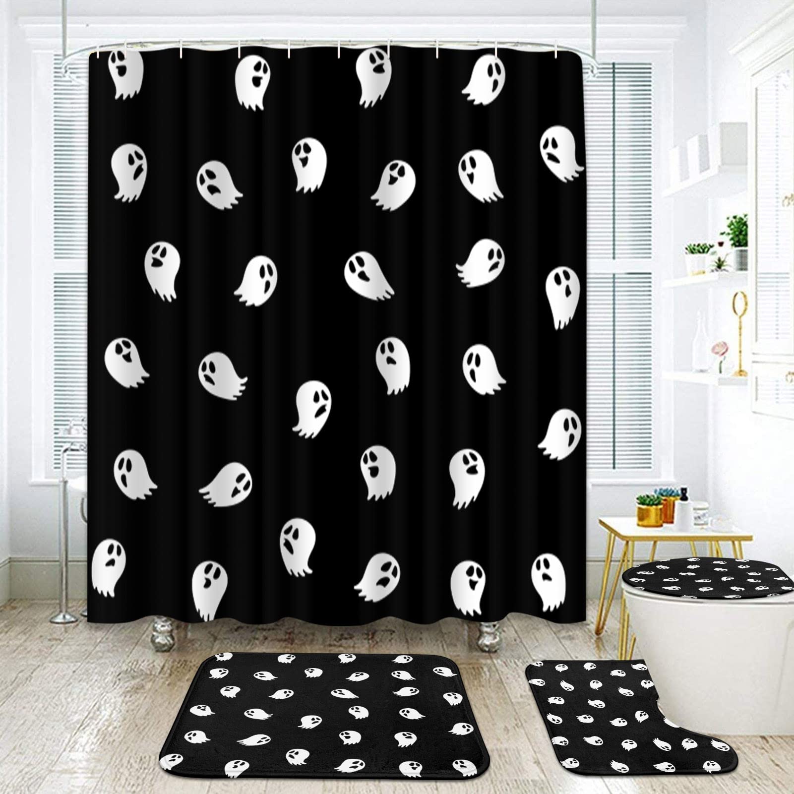 Halloween Bathroom Set - Ghost Shower Curtain & Matching Rugs (4-Piece) | Spooky Bathroom Decor for Halloween Party, Haunted House Theme | Waterproof & Cute Evil Design