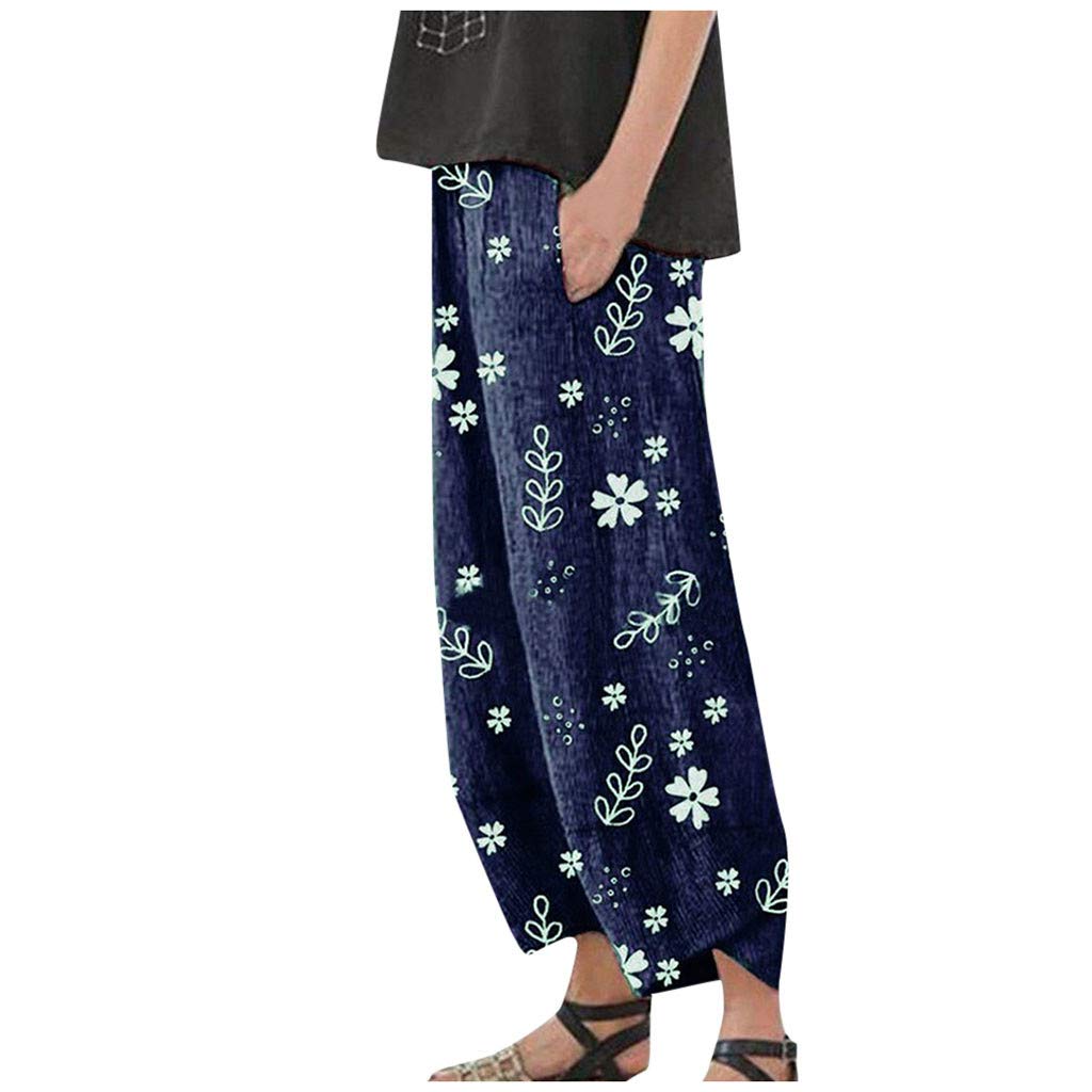 Women's Casual Floral Print Cotton Linen Elastic Waist Wide Leg Pants with Pockets - Comfortable Summer Beach Pants for Travel, Yoga & Lounge Wear