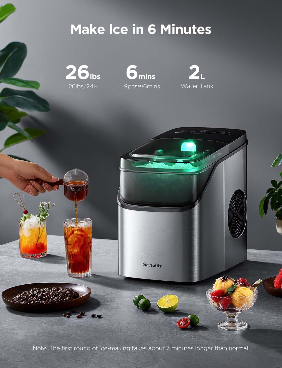 GoveeLife Smart Countertop Ice Maker with Voice Control - 9 Ice Cubes in 6 Minutes, 26lbs/24Hrs, 3 Cube Sizes, Self-Cleaning & RGB Lights - Quiet Portable Ice Machine with Scoop for Kitchen, Office, RV, and Outdoor Use