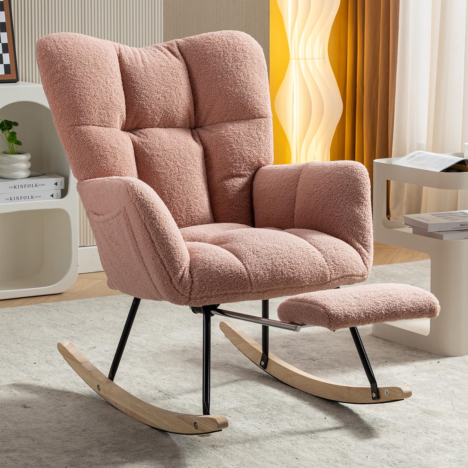 NIOIIKIT Nursery Rocking Chair - Teddy Upholstered Glider Chair with Adjustable Footrest, Padded Recliner & High Back Support - Pink Rocker Recliner for Nursery, Baby Room, Breastfeeding & Reading (Perfect for New Moms & Nursery Decor)