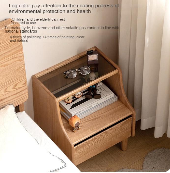 Solid Oak Wood Nightstand with Glass Top - Modern Bedside Table for Bedroom, Living Room, or Office