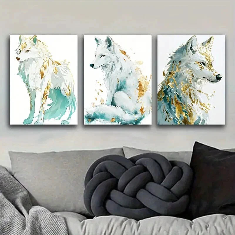 3-Piece Graceful White Wolf Art Painting - Metal Print Wall Decor Ready to Hang - Perfect for Living Room, Bedroom & Office Decor