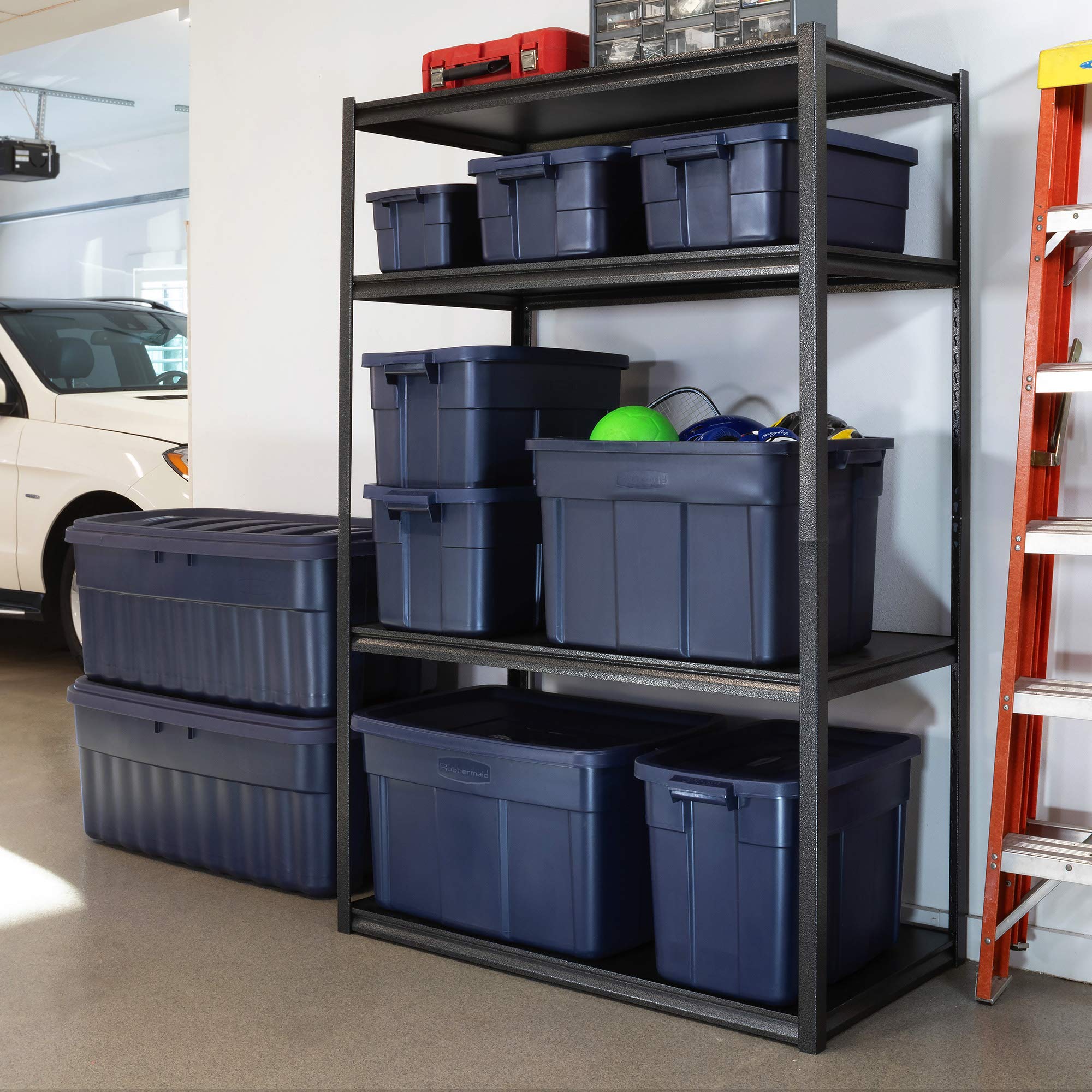 Rubbermaid Roughneck 10 Gallon Storage Totes - Heavy Duty Stackable Plastic Bins with Secure Lids for Home, Garage & Office Organization - Dark Indigo Metallic - Perfect for Seasonal Decor, Toys & Household Storage